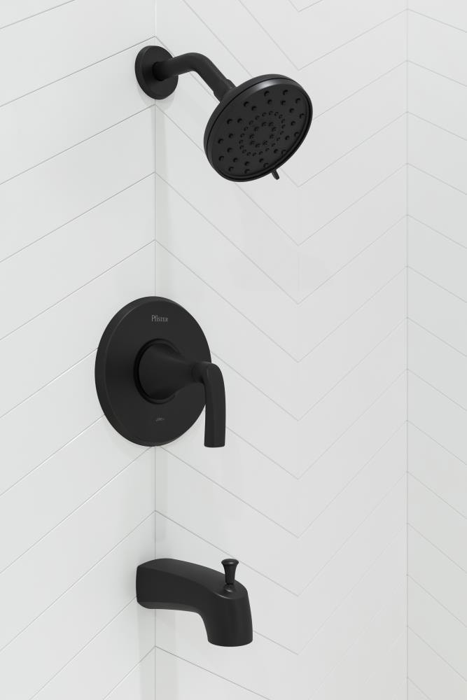 Grifo para bañera y regadera redonda de 4.94 pulgadas con acabado mate negro de una sola manija y función múltiple en estilo rancho Pfister.
