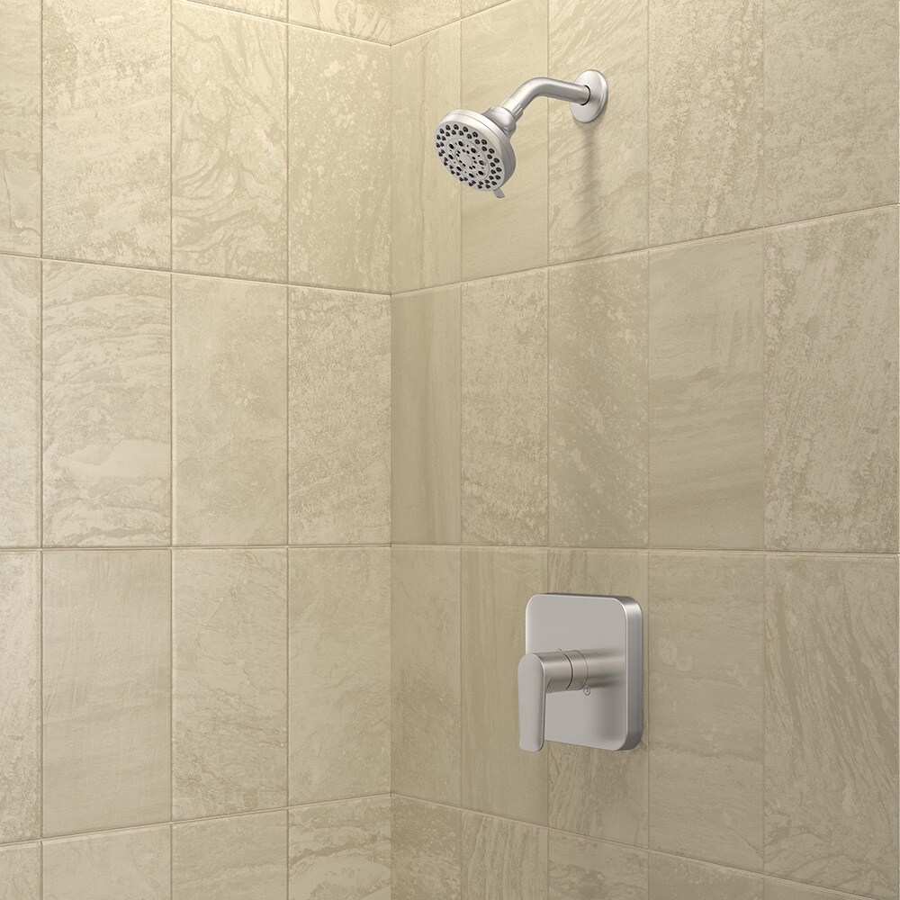 Grifo para bañera y ducha redonda multi función de 3.752 pulgadas con válvula resistente a manchas en níquel cepillado Dunmore de allen + roth
