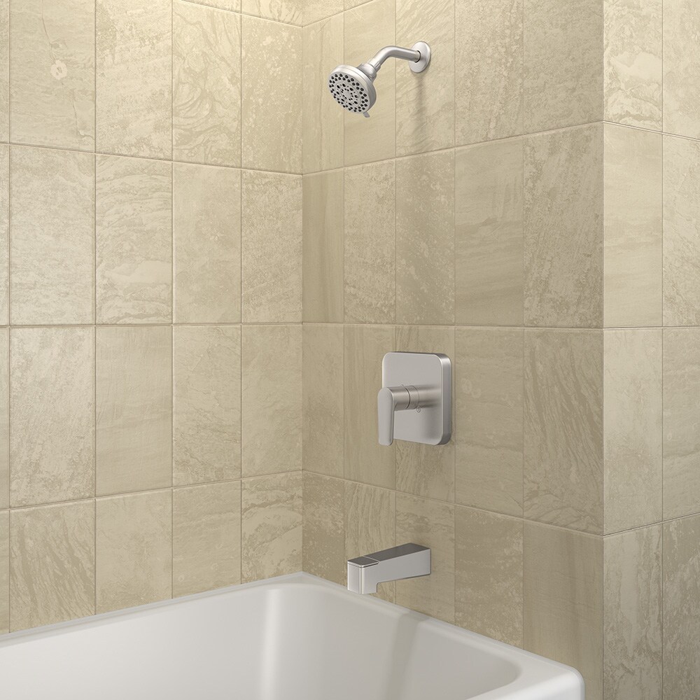 Grifo para bañera y ducha redonda multi función de 3.752 pulgadas con válvula resistente a manchas en níquel cepillado Dunmore de allen + roth