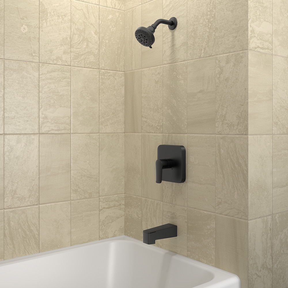 Grifo de bañera y ducha redondo de 1 manija en negro mate de la colección Dunmore de allen + roth con función multiusos y válvula
