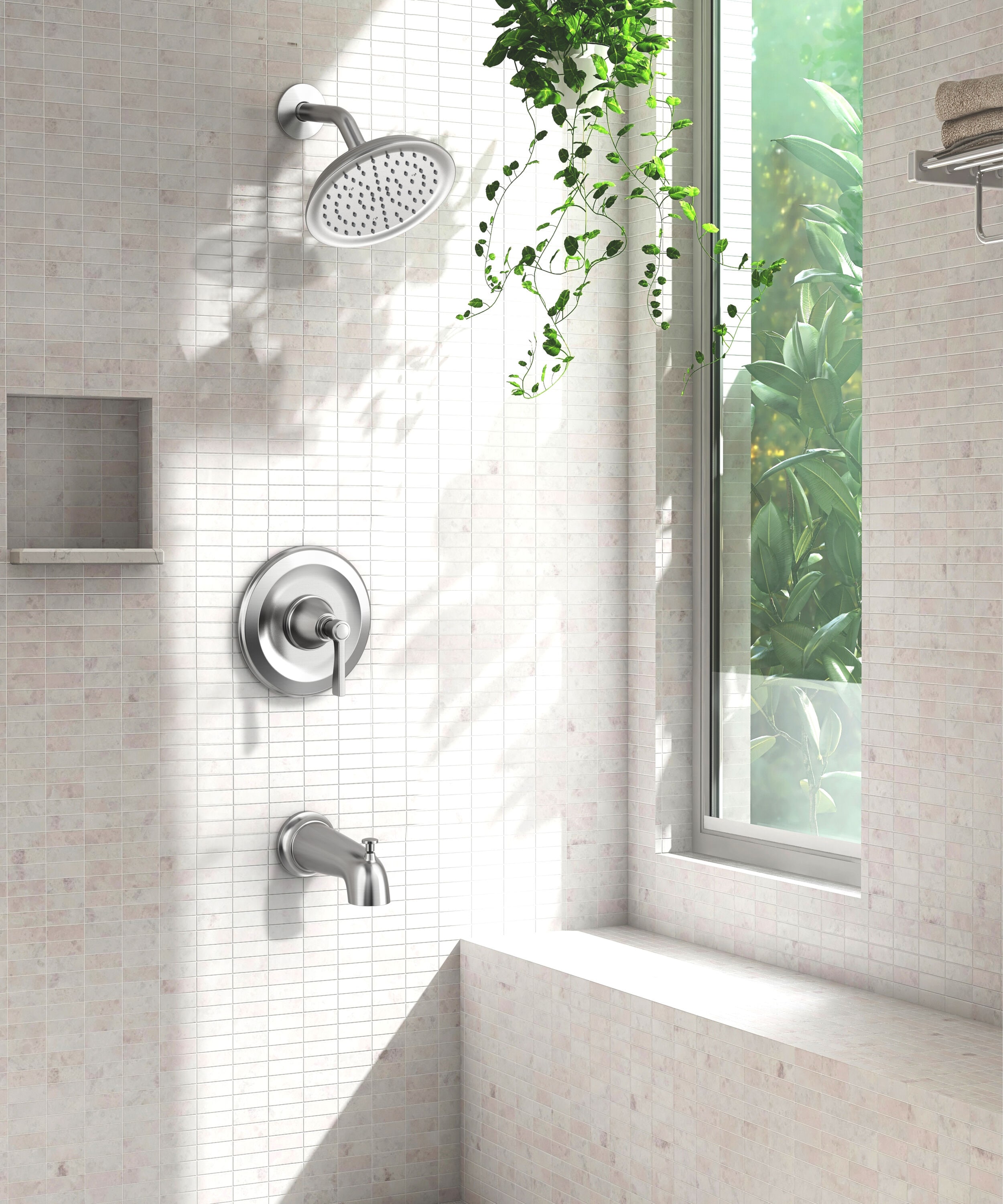 Grifería para bañera y regadera redonda de una sola función, de níquel cepillado, con manija única, marca allen + roth Townley y válvula 873X-7304.