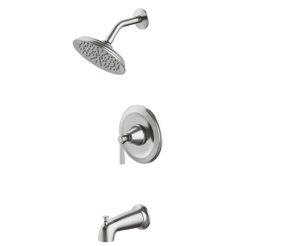 Grifería para bañera y regadera redonda de una sola función, de níquel cepillado, con manija única, marca allen + roth Townley y válvula 873X-7304.
