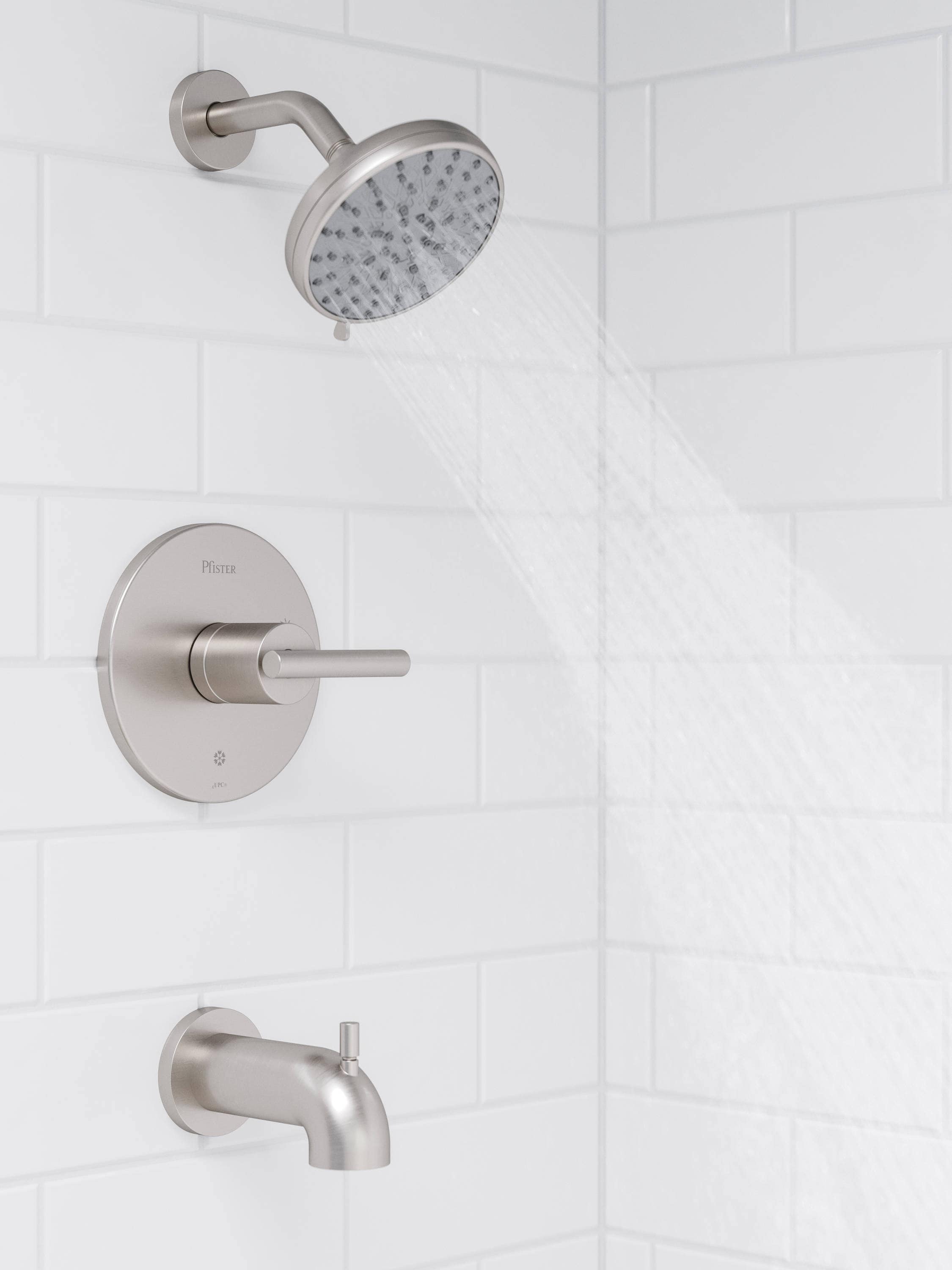 Grifo de bañera y ducha redondo de 5.59 pulgadas con válvula de 1 mango, función múltiple y defensa contra manchas en níquel cepillado Zeelan de Pfister