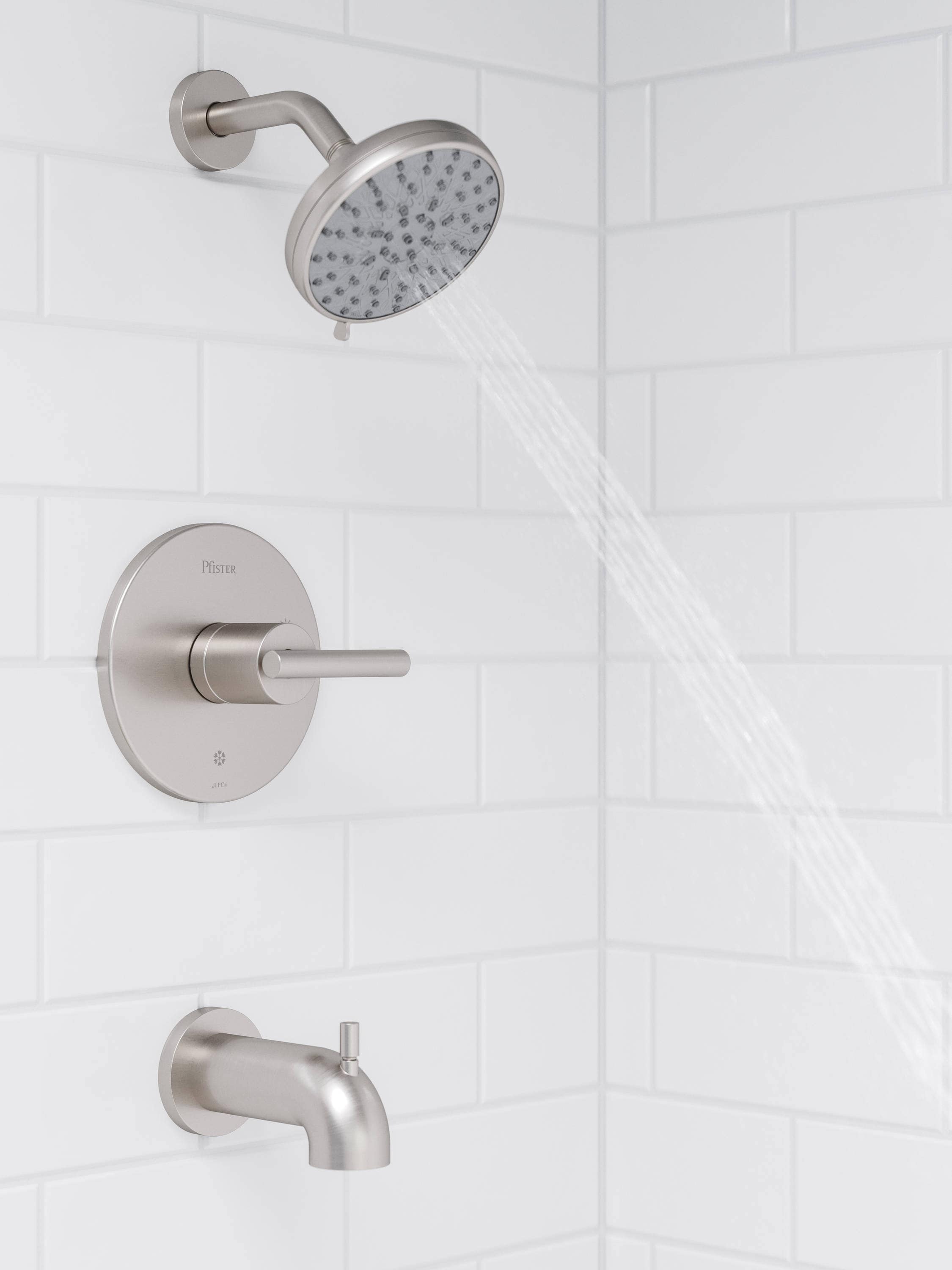 Grifo de bañera y ducha redondo de 5.59 pulgadas con válvula de 1 mango, función múltiple y defensa contra manchas en níquel cepillado Zeelan de Pfister