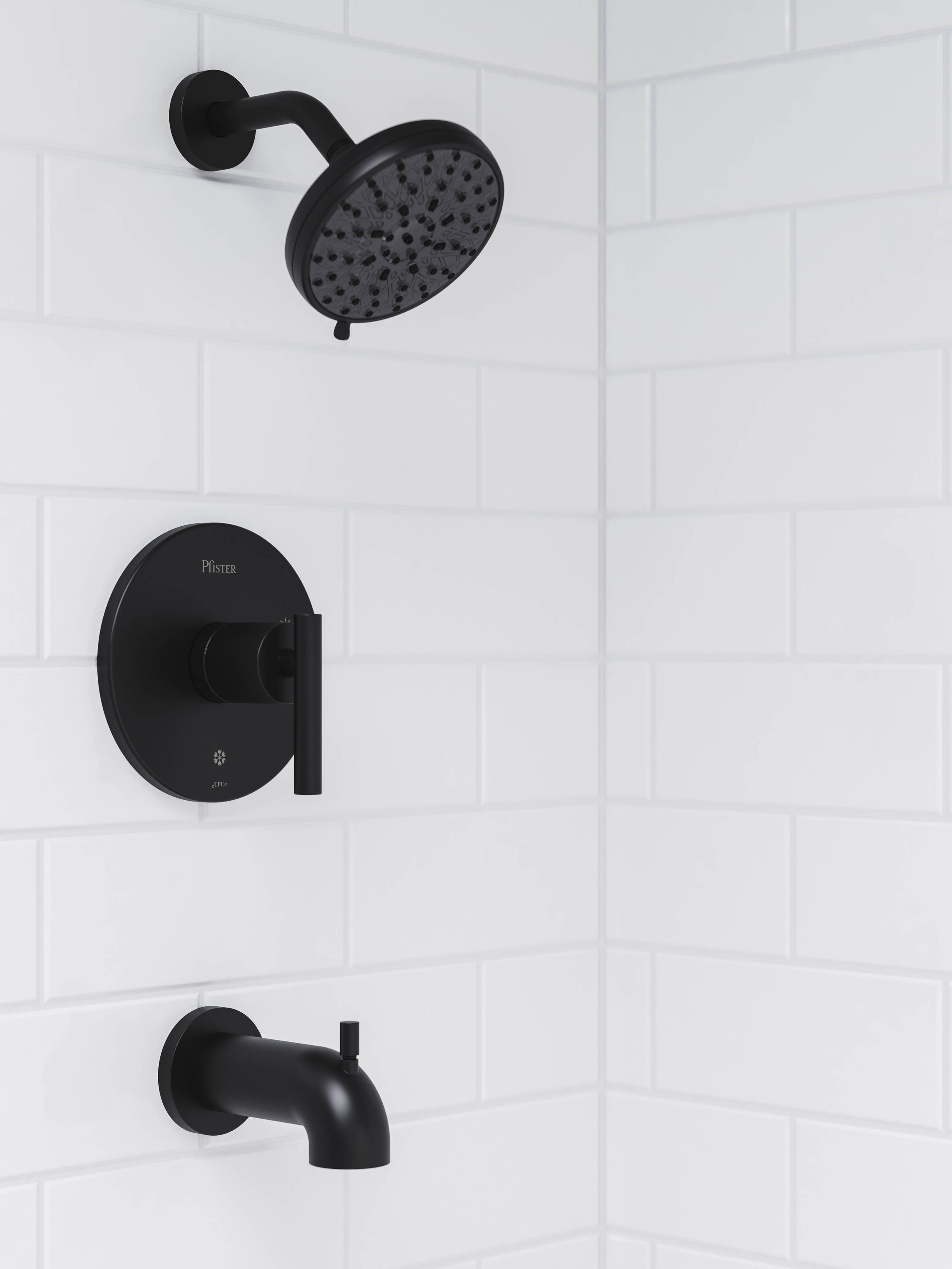 Grifo para bañera y ducha redondo de 5.59 pulgadas, de color negro mate, de una sola manija y multifunción, marca Pfister Zeelan con válvula 8P8-WS2-ZLSB