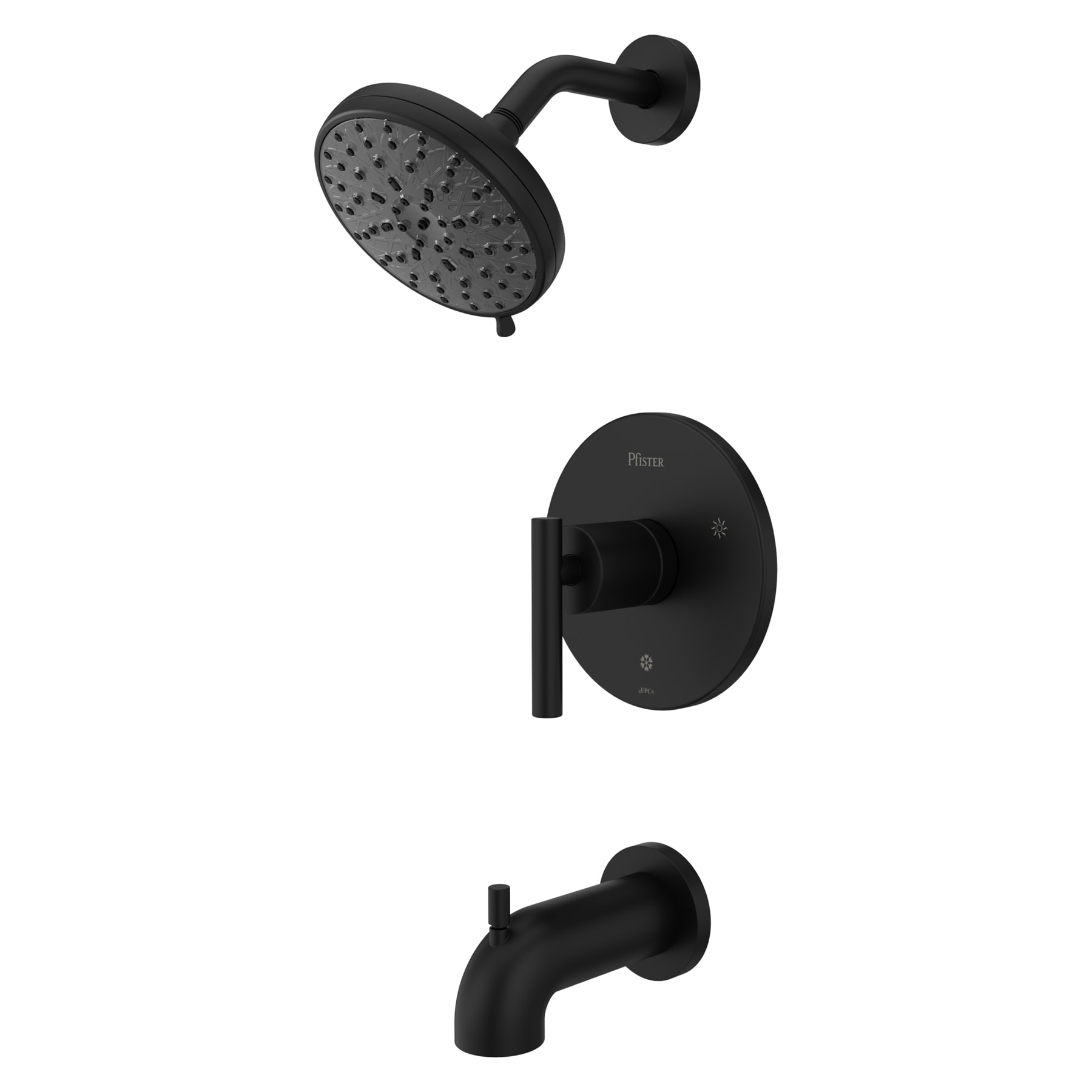 Grifo para bañera y ducha redondo de 5.59 pulgadas, de color negro mate, de una sola manija y multifunción, marca Pfister Zeelan con válvula 8P8-WS2-ZLSB