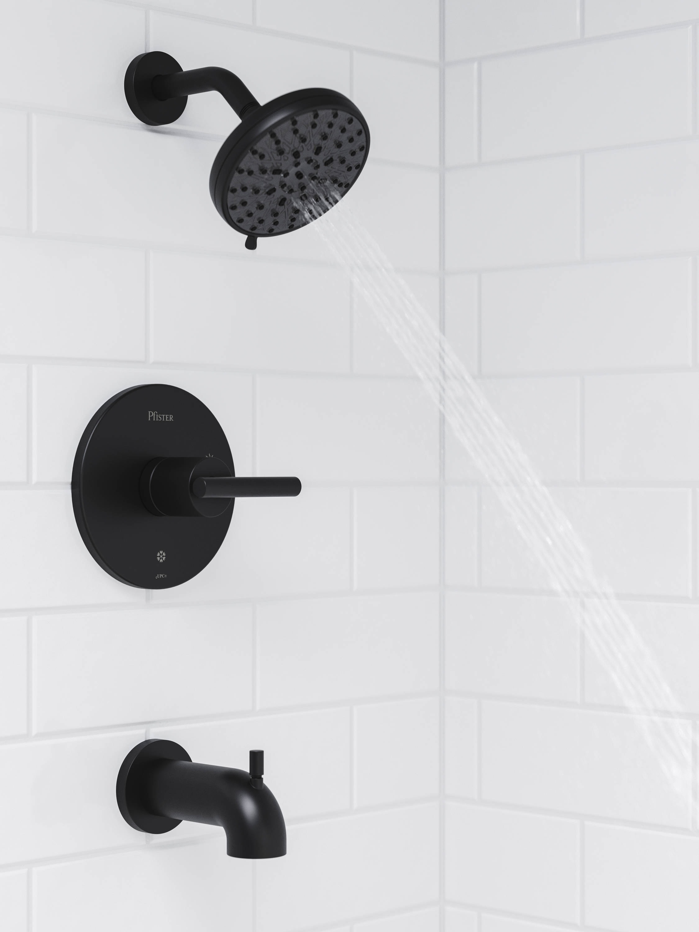 Grifo para bañera y ducha redondo de 5.59 pulgadas, de color negro mate, de una sola manija y multifunción, marca Pfister Zeelan con válvula 8P8-WS2-ZLSB
