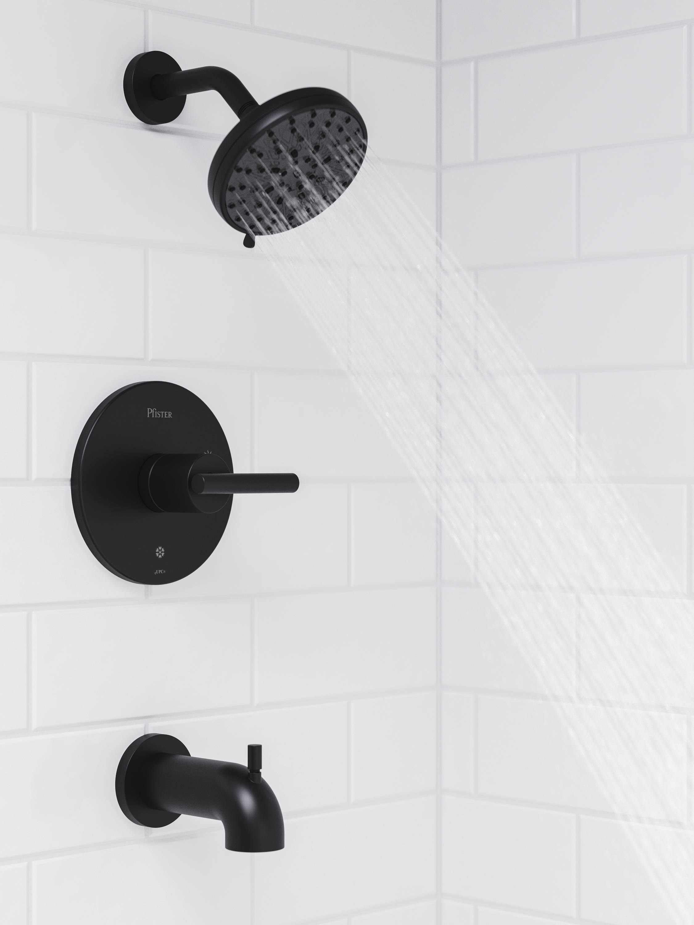 Grifo para bañera y ducha redondo de 5.59 pulgadas, de color negro mate, de una sola manija y multifunción, marca Pfister Zeelan con válvula 8P8-WS2-ZLSB
