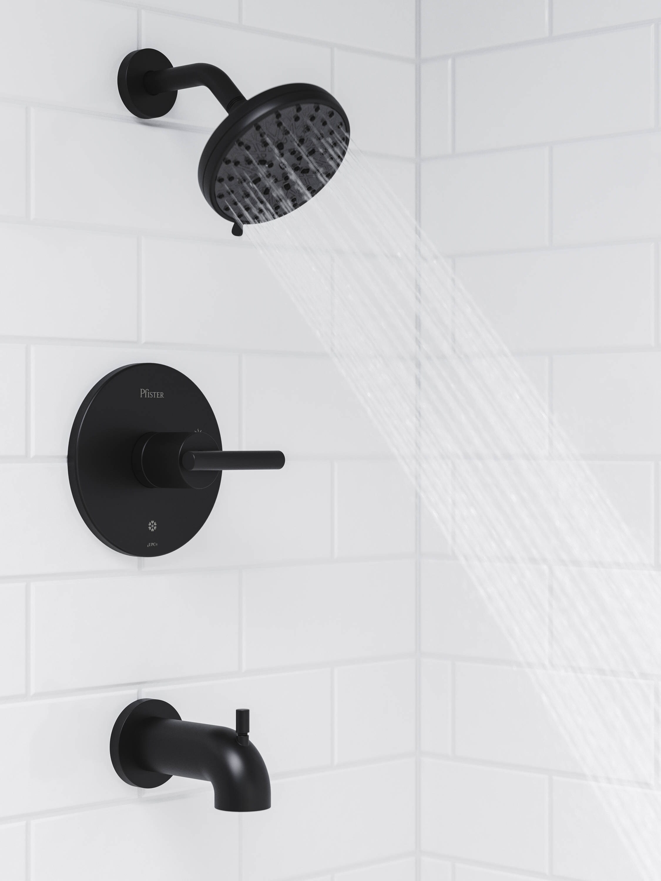 Grifo para bañera y ducha redondo de 5.59 pulgadas, de color negro mate, de una sola manija y multifunción, marca Pfister Zeelan con válvula 8P8-WS2-ZLSB
