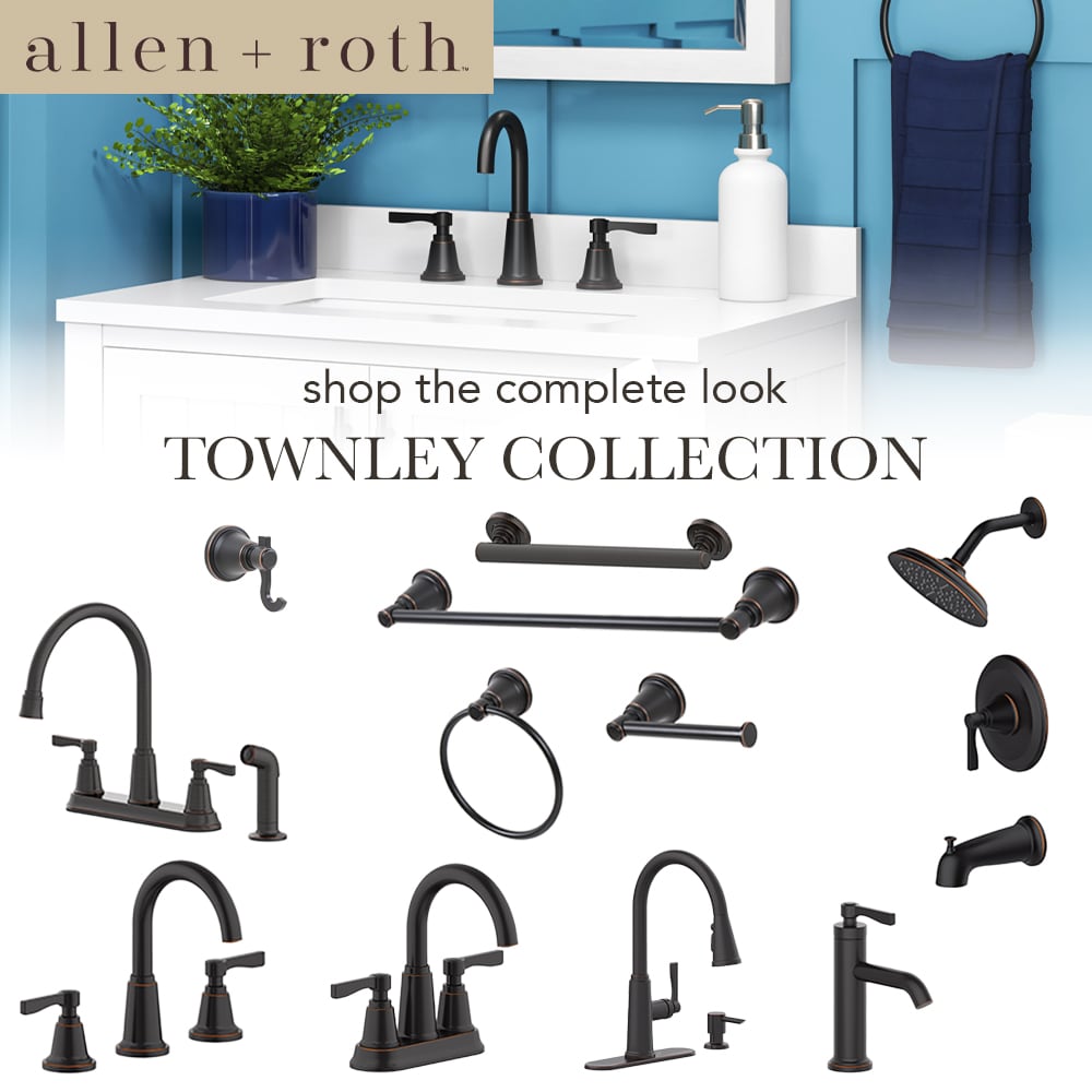 Faucet para bañera redonda y regadera de 6.0 pulgadas con acabado en bronce aceitado y una manija de Townley de allen + roth.