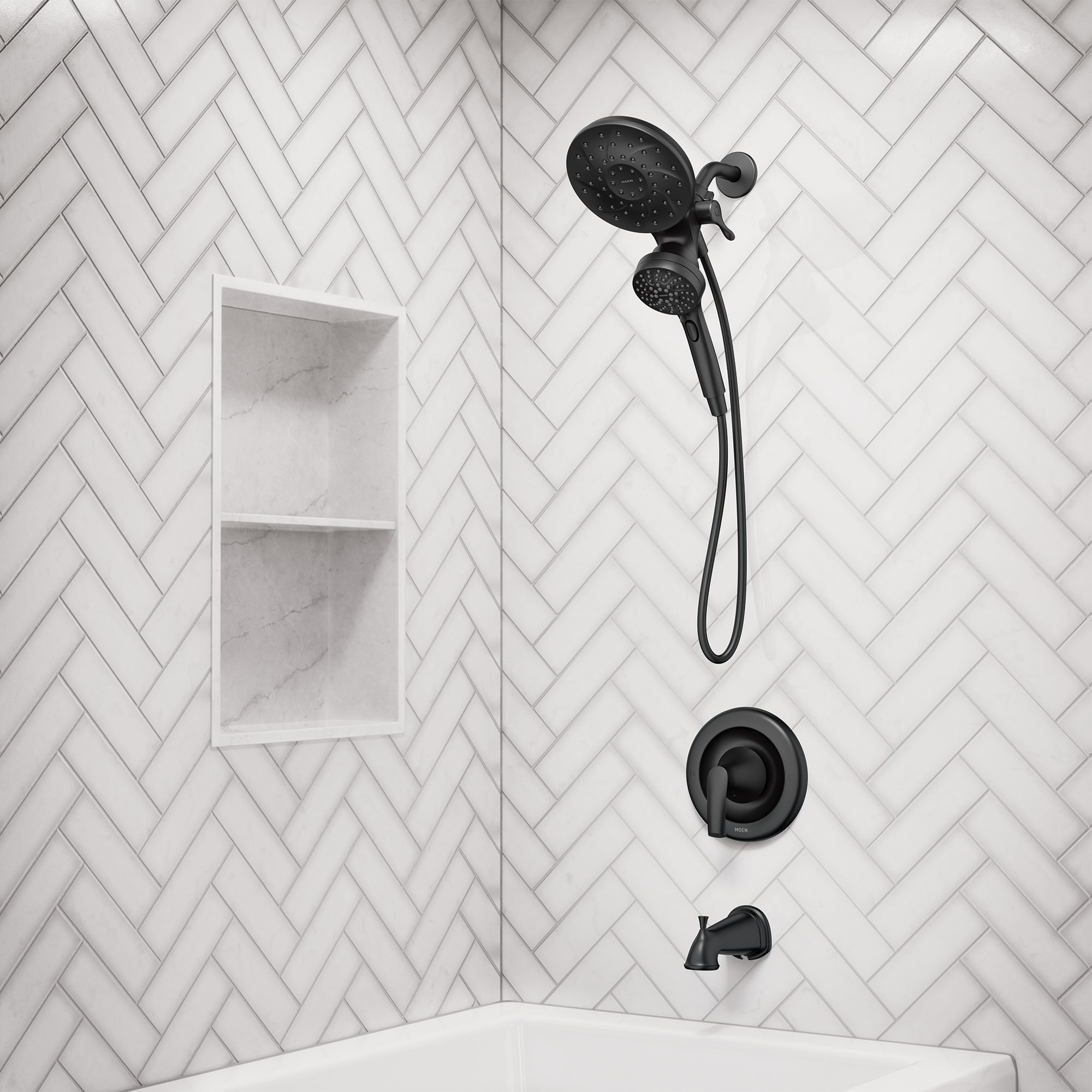 Mezcladora de bañera y ducha redonda de 6.75 pulgadas en negro mate con tecnología Magnetix de Moen Graeden