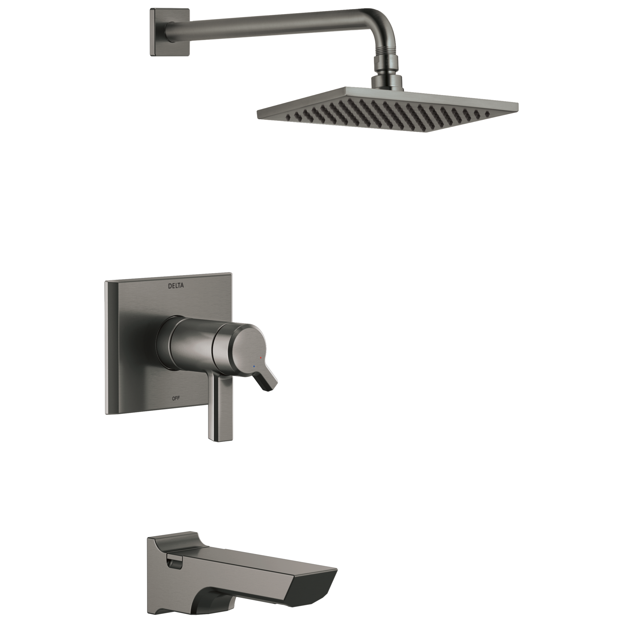 Grifo de bañera y regadera rectangular de doble manija en acero negro con recubrimiento Lumicoat Delta Pivotal de 8.656 pulgadas y función única