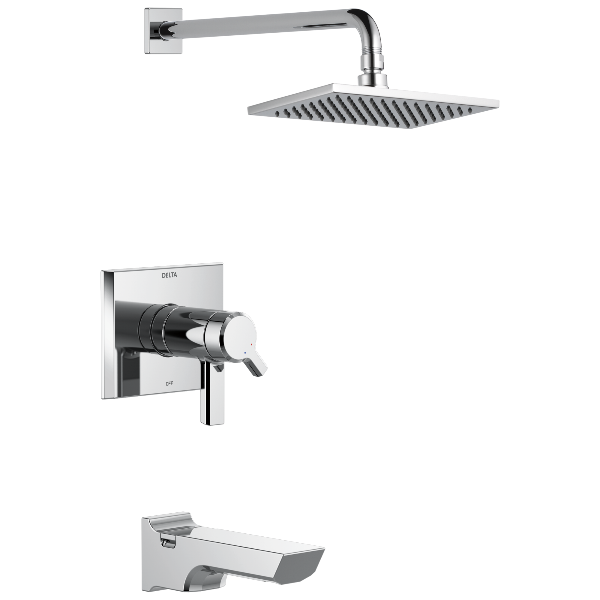 Grifo para bañera y ducha de 2 manijas, función única, rectangular de 8.656 pulgadas, cromo brillante Lumicoat Pivotal Delta T17T499-PR