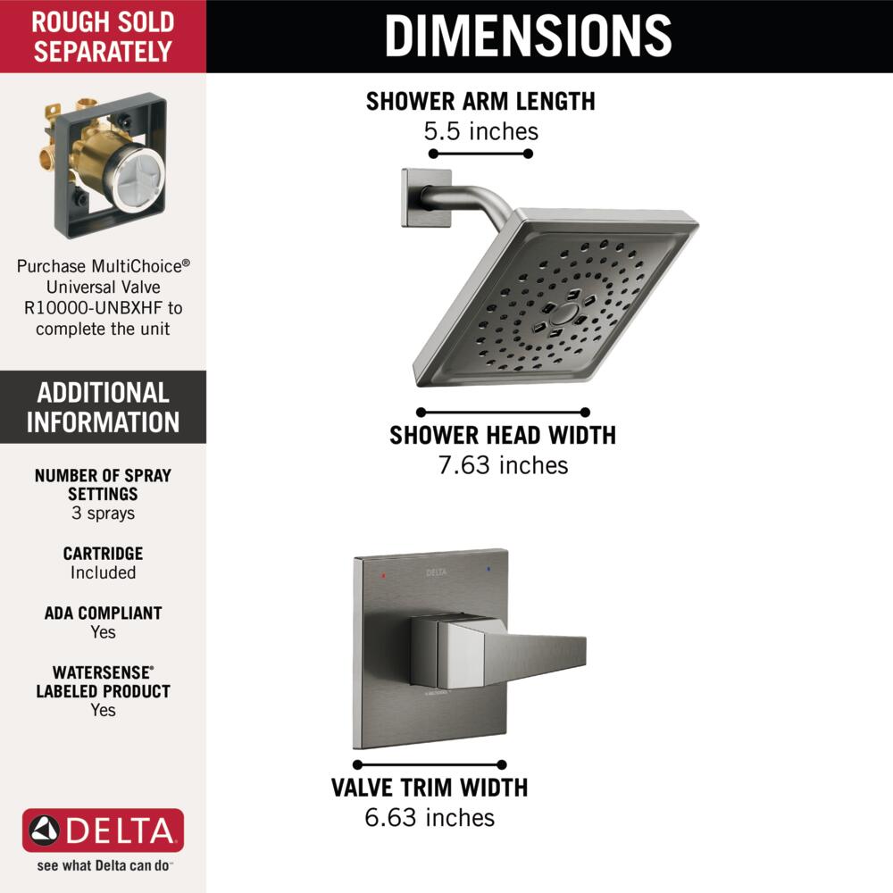 Grifo de Bañera y Ducha Cuadrado de 7.625 Pulgadas con Acabado en Negro de Acero Inoxidable de un mango y función múltiple Delta Trillian Lumicoat T14243-KS-PR