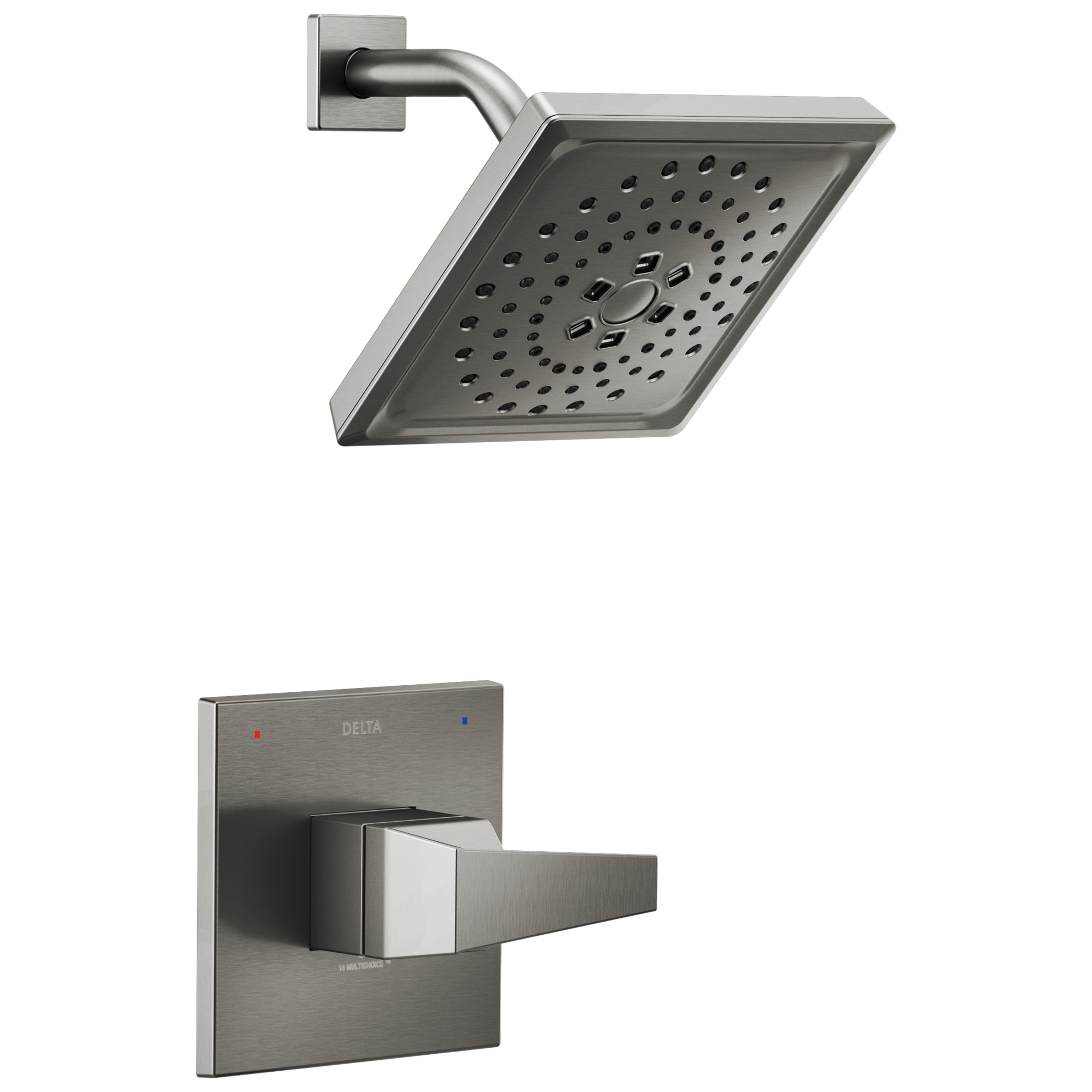 Grifo de Bañera y Ducha Cuadrado de 7.625 Pulgadas con Acabado en Negro de Acero Inoxidable de un mango y función múltiple Delta Trillian Lumicoat T14243-KS-PR