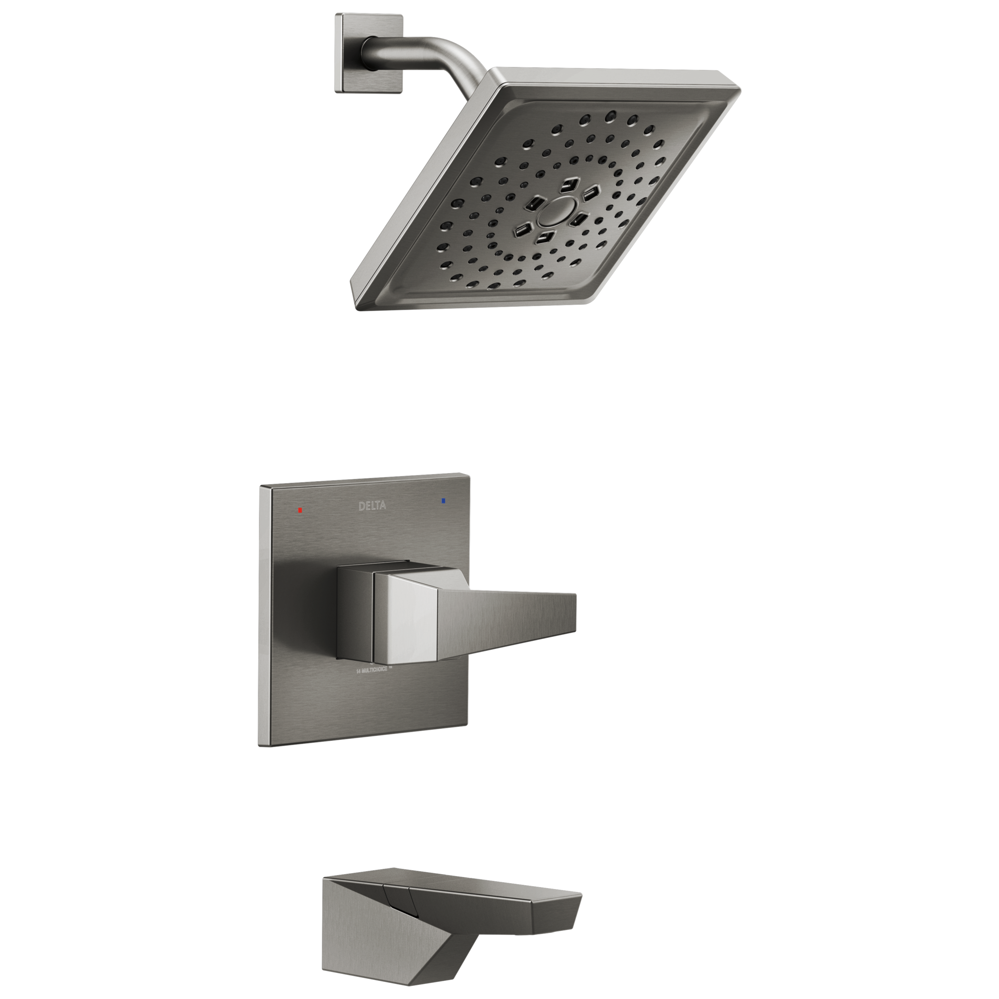 Grifo de bañera y ducha cuadrado de 7.625 pulgadas con acabado negro de acero inoxidable y manija única Delta Trillian Lumicoat