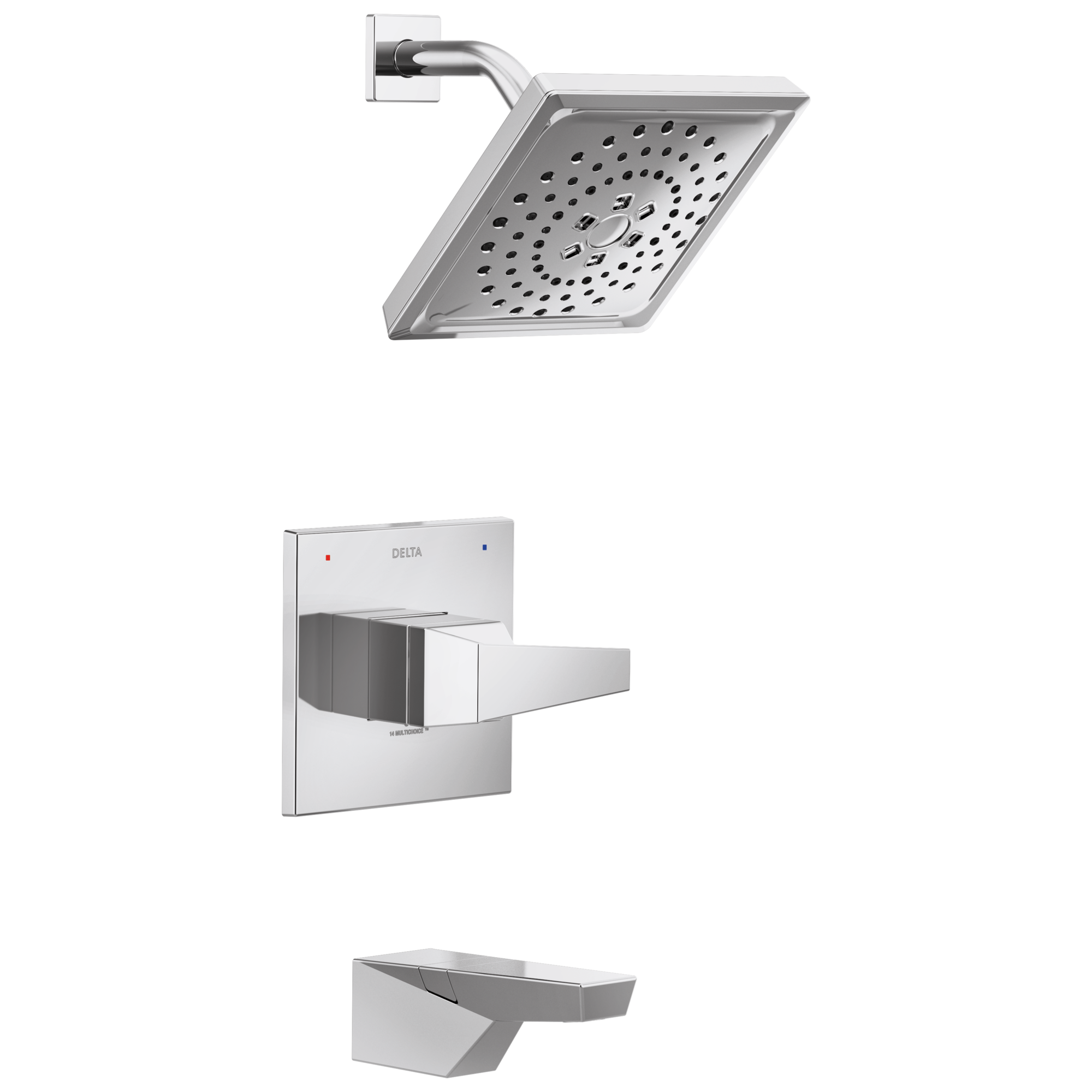 Grifo de bañera y ducha de una sola manija cromada Delta Trillian Lumicoat Multi-función de 7.625 pulgadas, cuadrado.