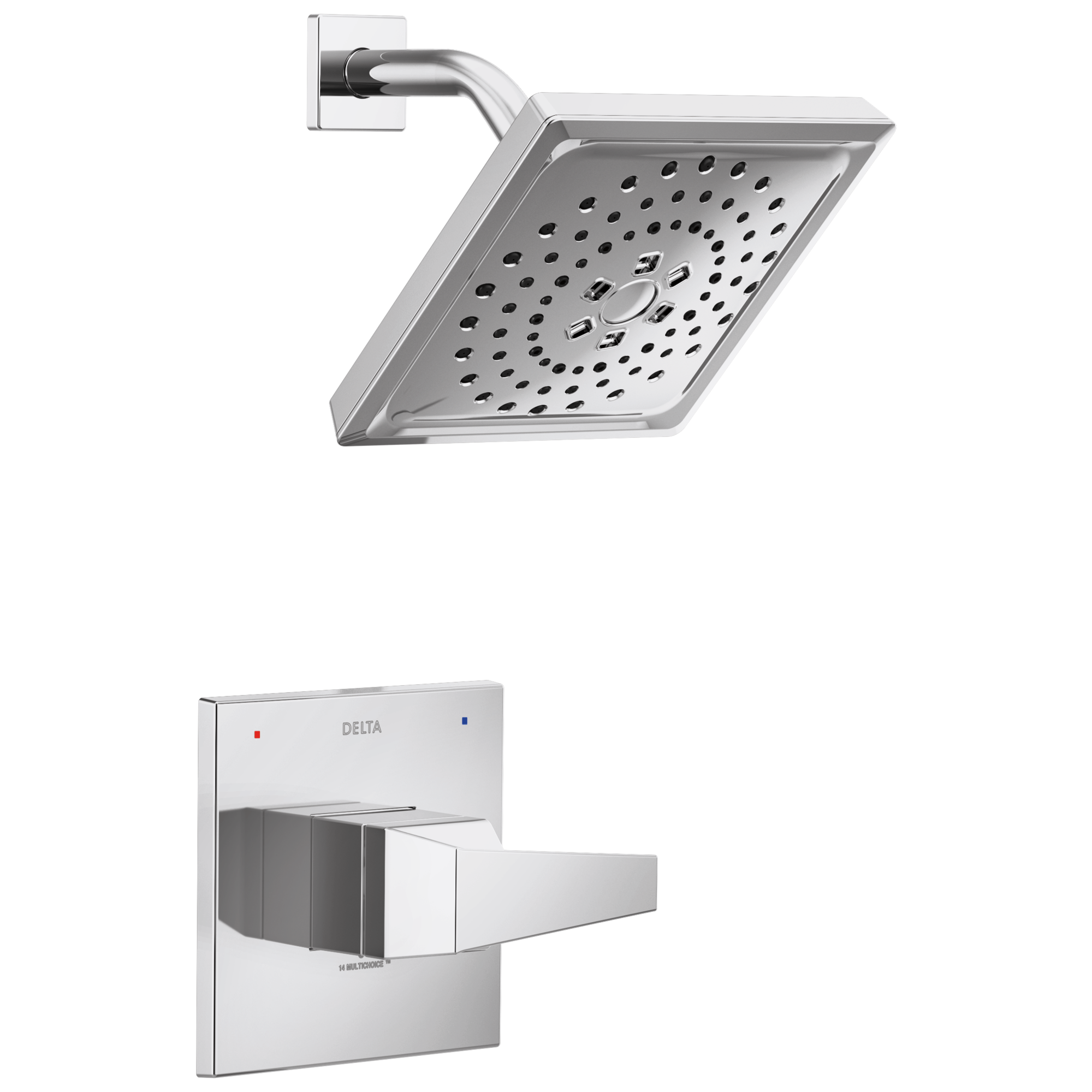 Grifo de bañera y ducha de 7.625 pulgadas cuadradas con acabado en cromo Lumicoat de Delta Trillian de un solo mango y función múltiple con válvula T14243-PR.