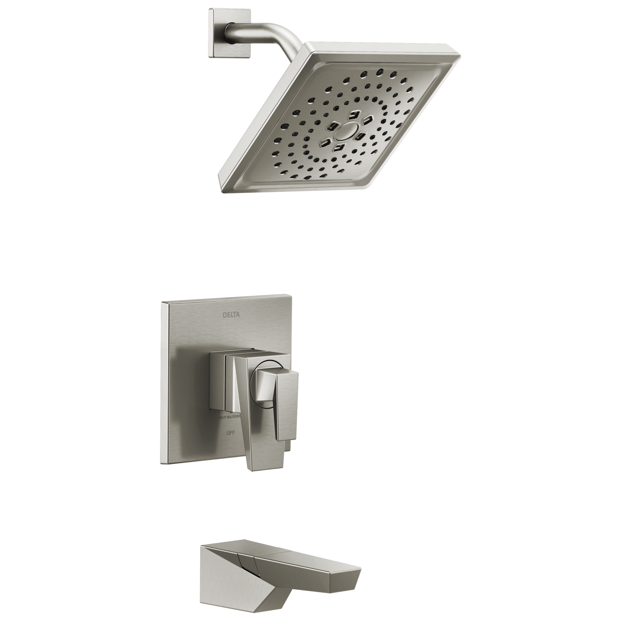 Grifo de bañera y regadera de 2 manijas multifunción de acero inoxidable con revestimiento Lumicoat Trillian Delta T17443-SS-PR de 7.625 pulgadas cuadradas.
