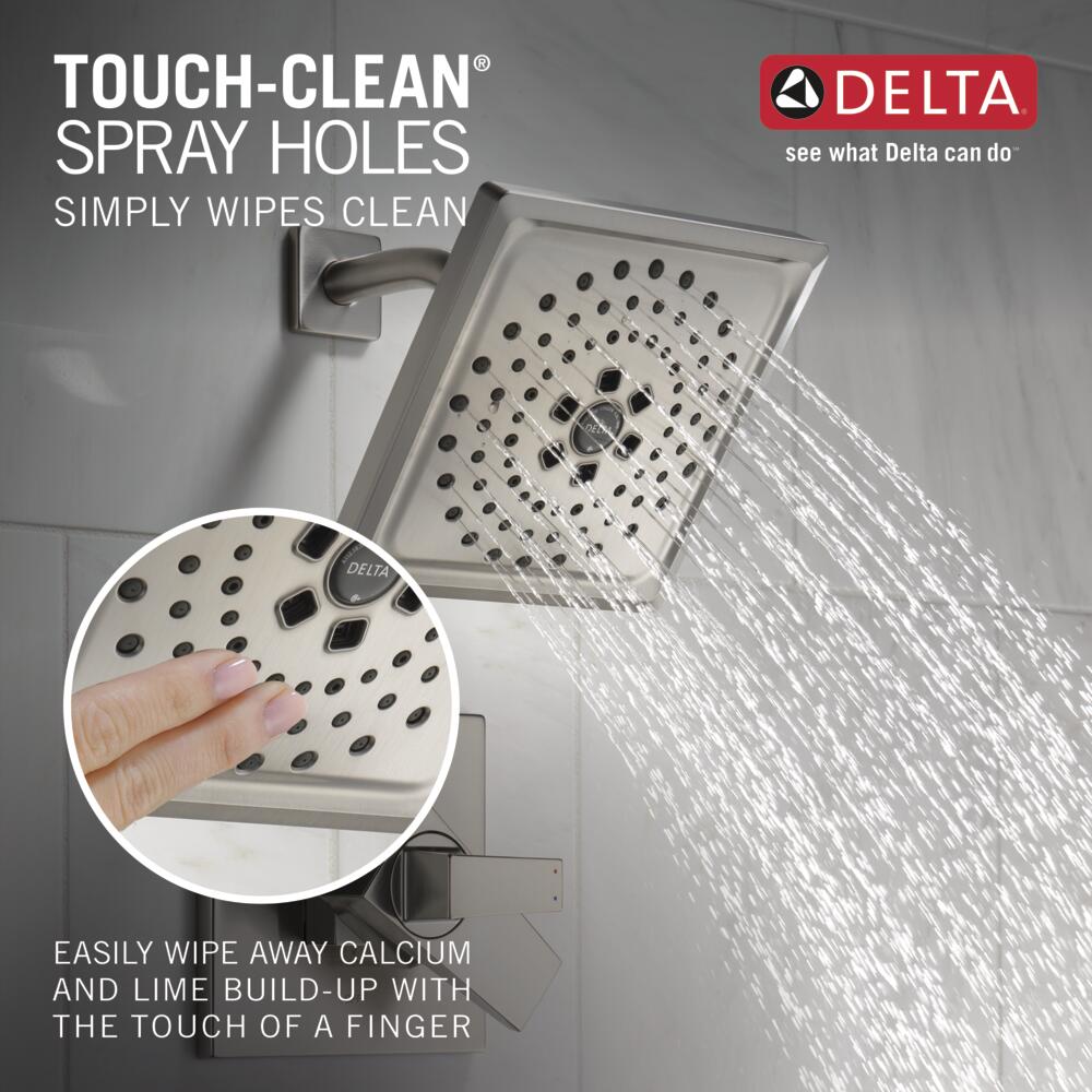 Grifo de bañera y regadera de 2 manijas multifunción de acero inoxidable con revestimiento Lumicoat Trillian Delta T17443-SS-PR de 7.625 pulgadas cuadradas.