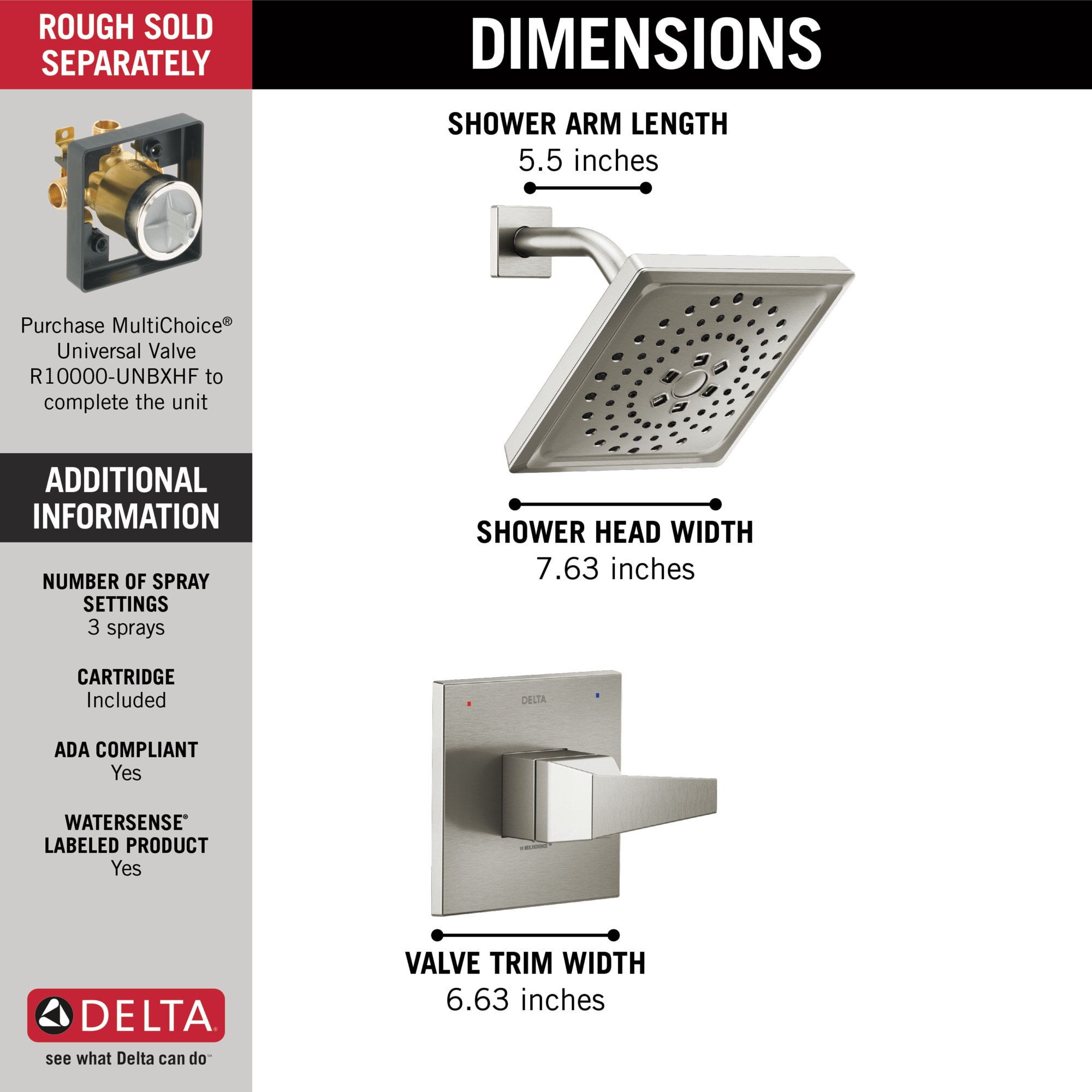 Grifo para bañera y ducha de 1 mango con función múltiple de acero inoxidable Delta Trillian Lumicoat de 7.625 pulgadas cuadradas con válvula T14243-SS-PR