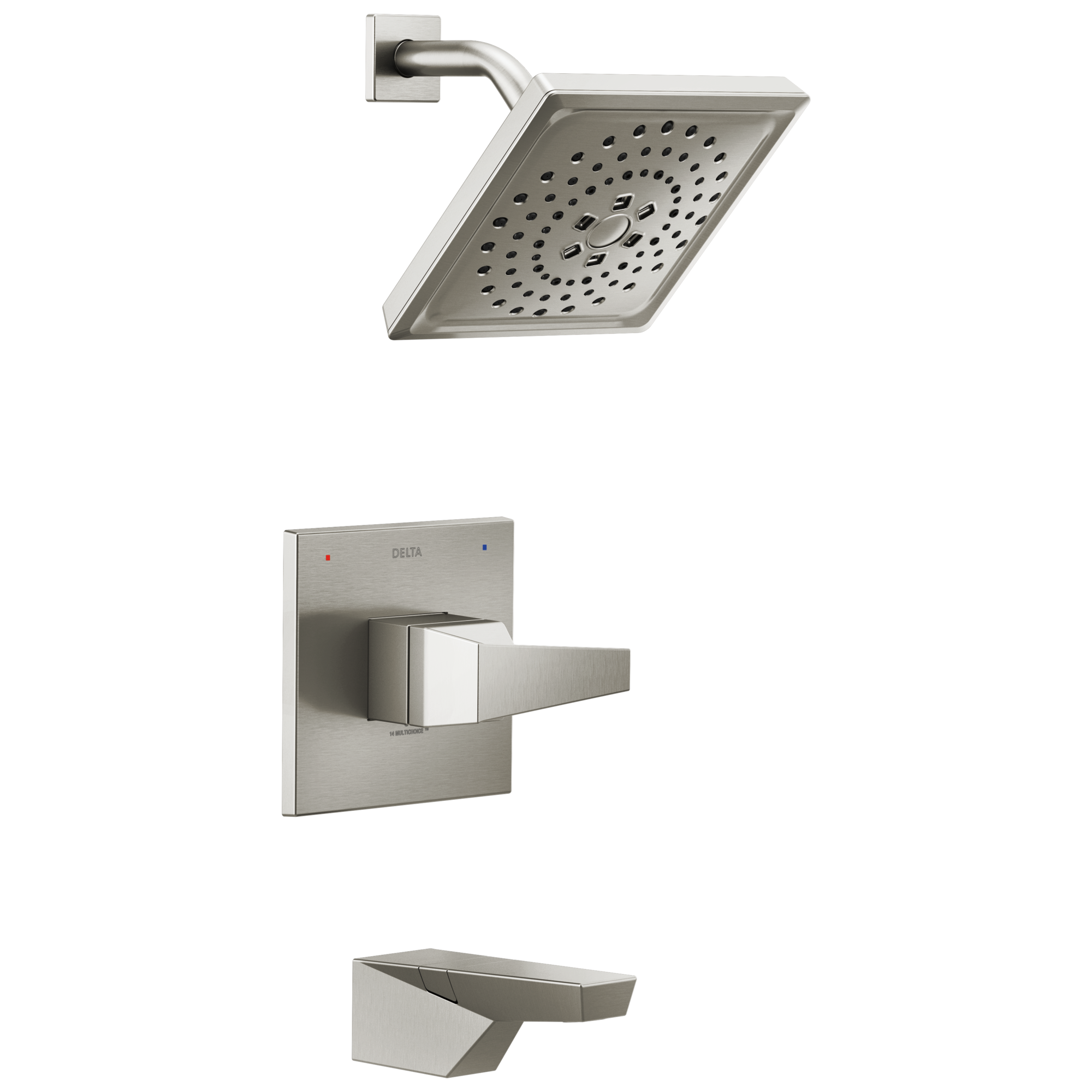 Mezcladora de bañera y regadera cuadrada de acero inoxidable con un mango Delta Trillian Lumicoat Multi-función de 7.625 pulgadas