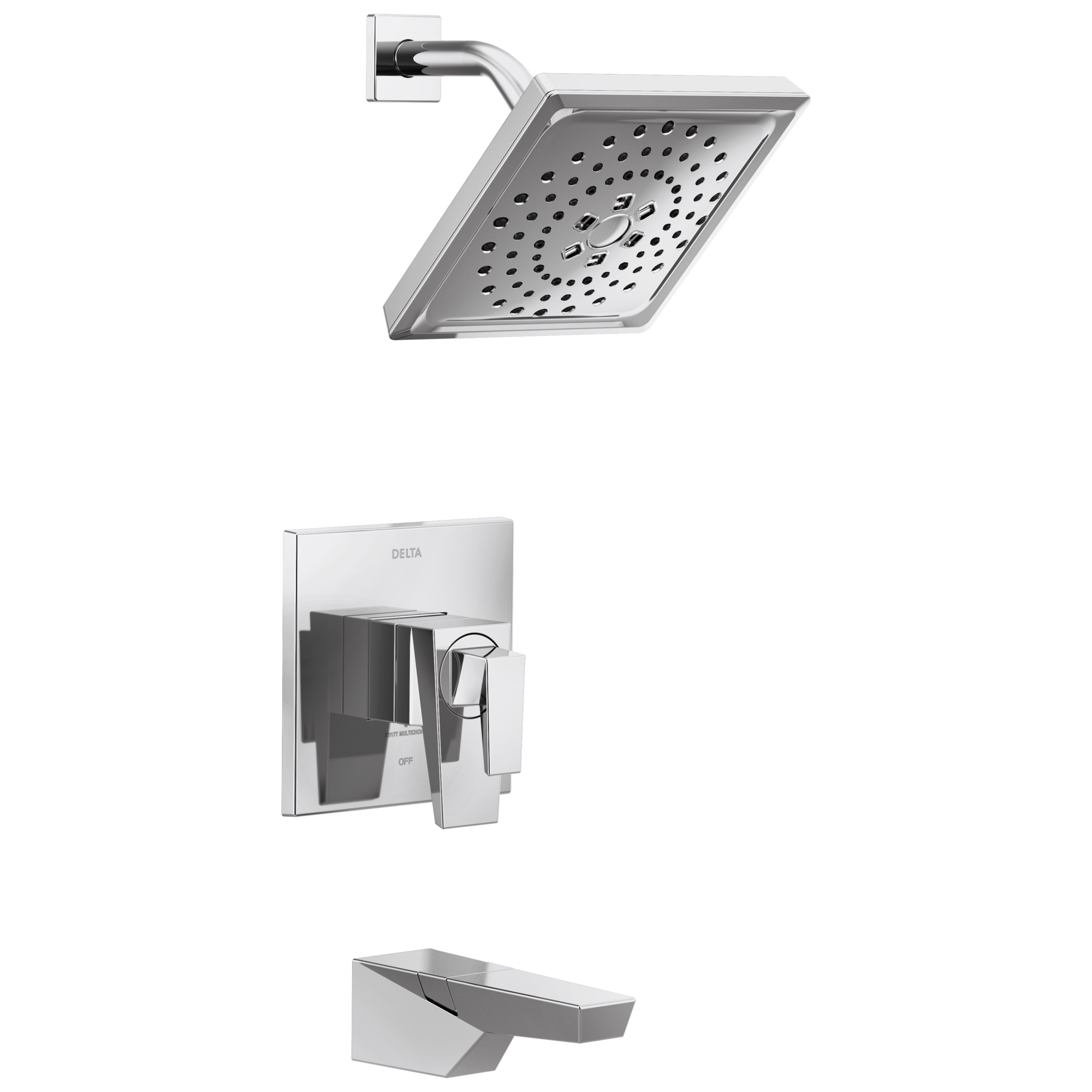 Grifo para bañera y ducha de 2 manijas con función múltiple y acabado cromado Lumicoat en Square de 7.625 pulgadas Delta Trillian T17443-PR.