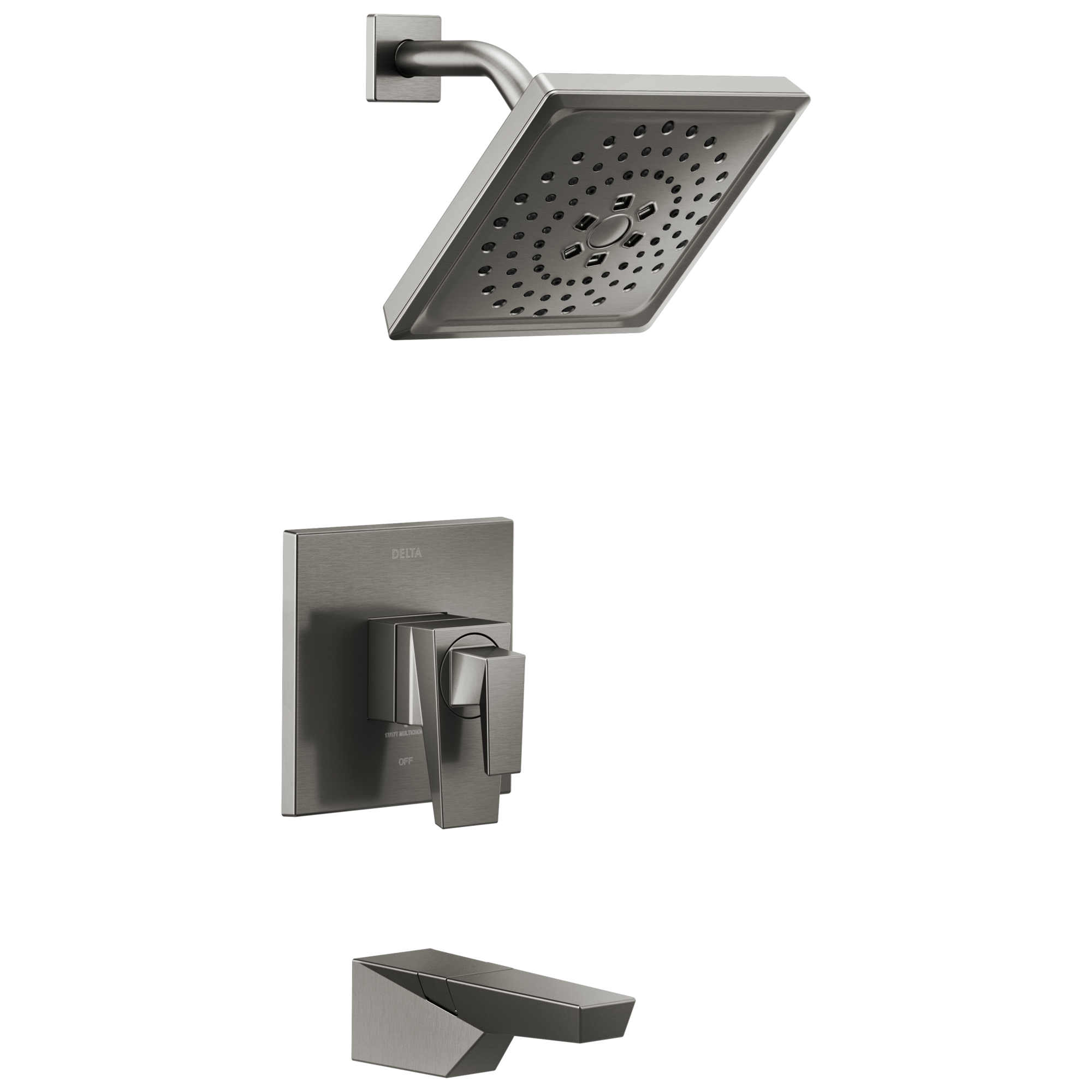 Grifo de bañera y ducha multifunción de 2 manijas en acero inoxidable negro con recubrimiento Lumicoat Delta Trillian de 7.625 pulgadas cuadradas.