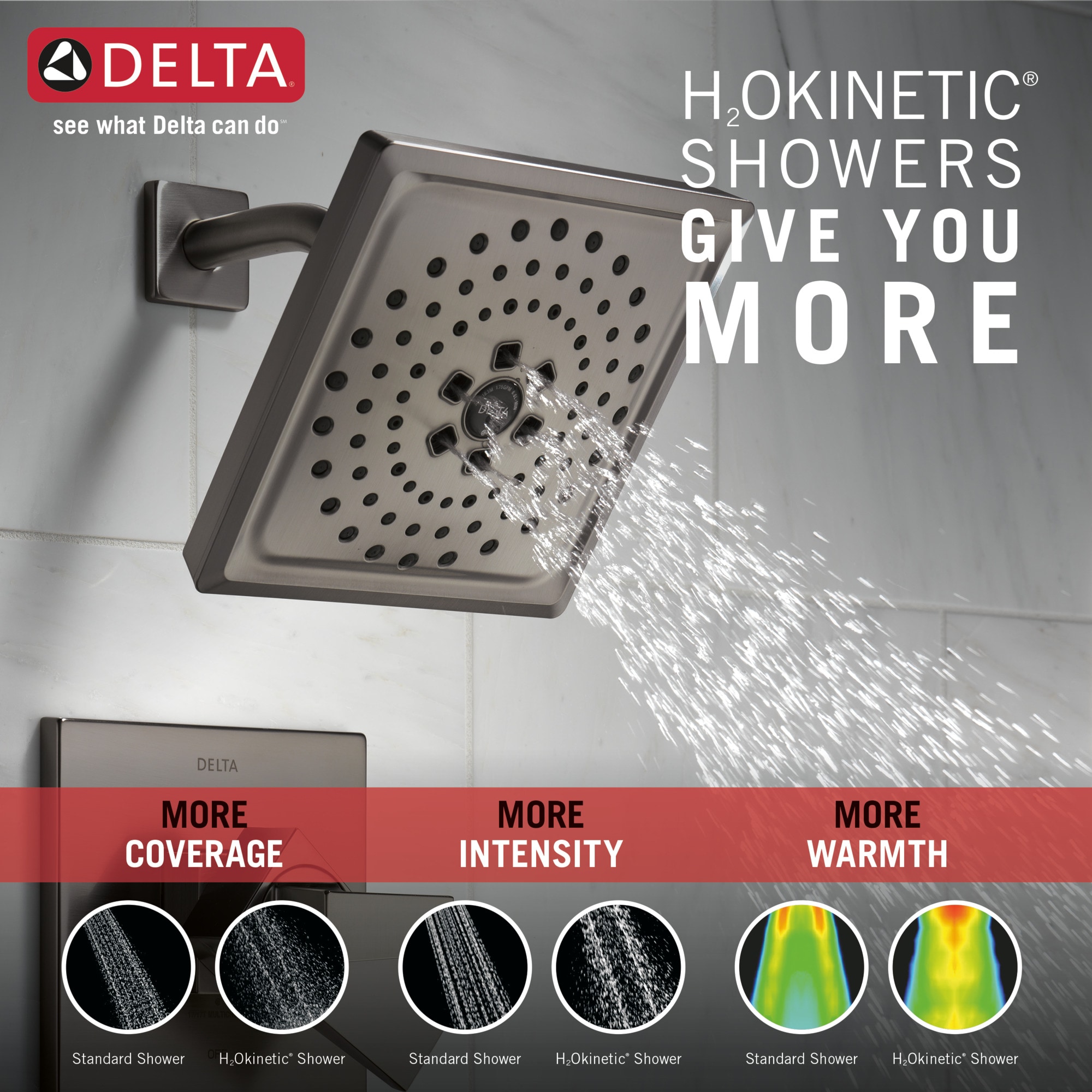 Grifo de bañera y ducha multifunción de 2 manijas en acero inoxidable negro con recubrimiento Lumicoat Delta Trillian de 7.625 pulgadas cuadradas.