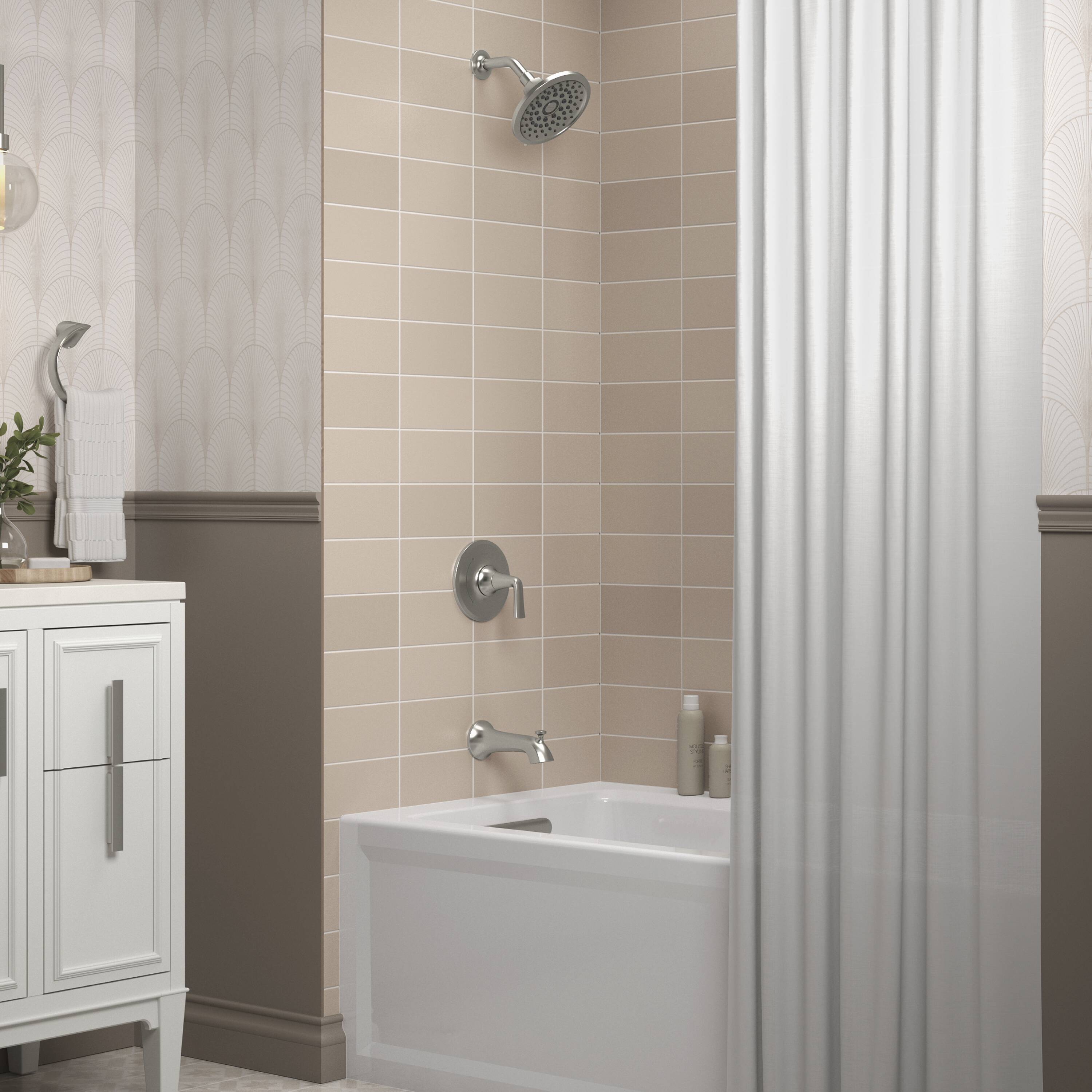 Grifo de bañera y ducha redondo de 6.47 pulgadas con un solo mango y funciones múltiples en níquel cepillado vibrante KOHLER Desette con válvula R27214-4G-BN.
