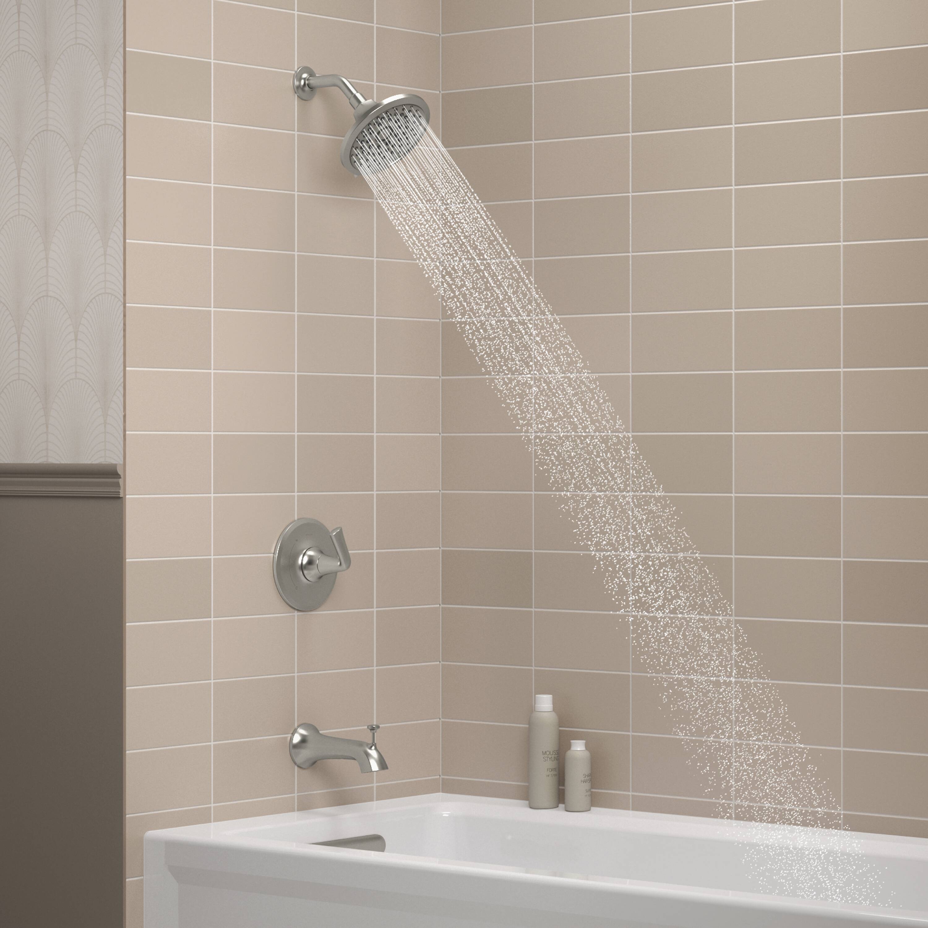 Grifo de bañera y ducha redondo de 6.47 pulgadas con un solo mango y funciones múltiples en níquel cepillado vibrante KOHLER Desette con válvula R27214-4G-BN.