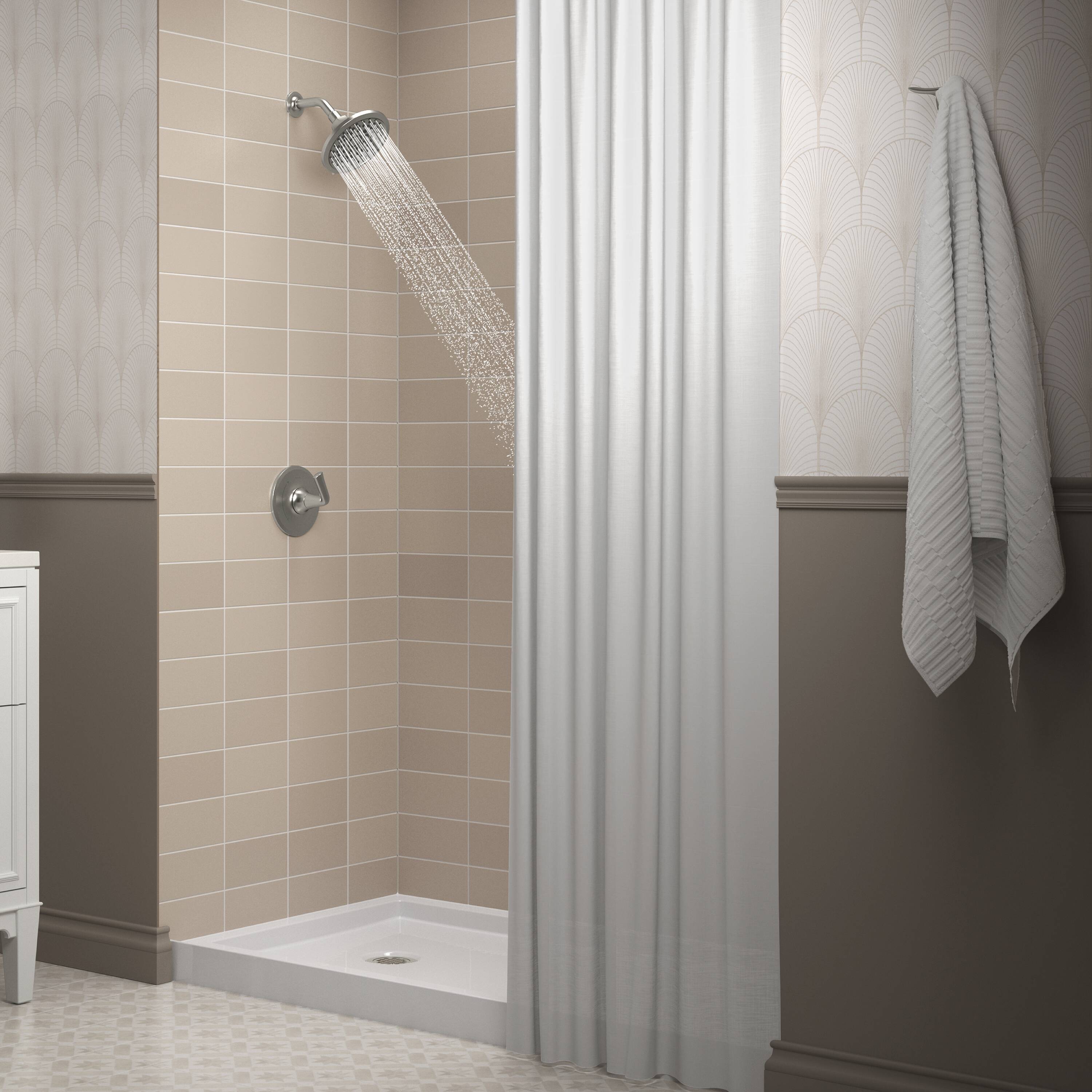 Grifo de bañera y ducha redondo de 6.47 pulgadas con un solo mango y funciones múltiples en níquel cepillado vibrante KOHLER Desette con válvula R27214-4G-BN.