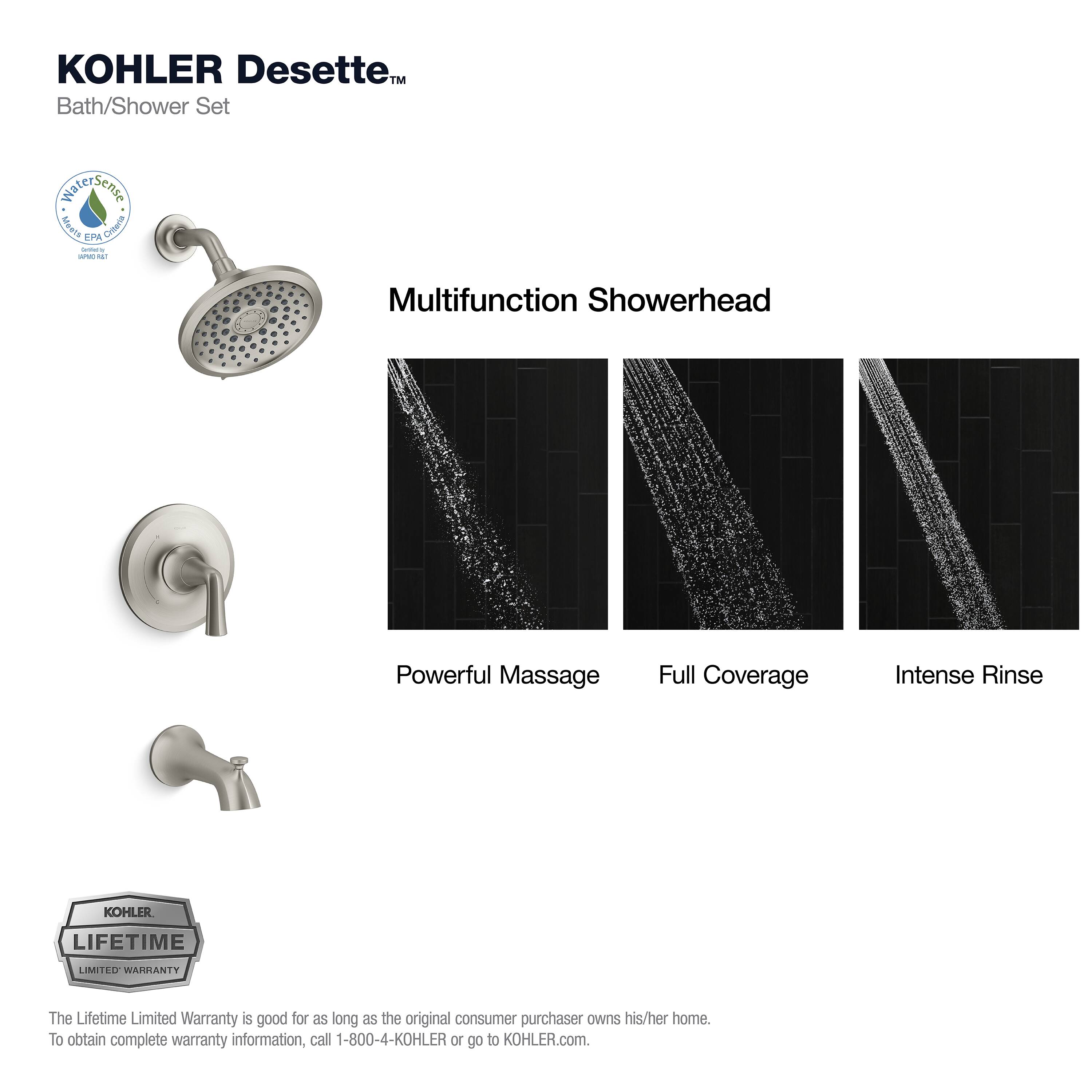 Grifo de bañera y ducha redondo de 6.47 pulgadas con un solo mango y funciones múltiples en níquel cepillado vibrante KOHLER Desette con válvula R27214-4G-BN.