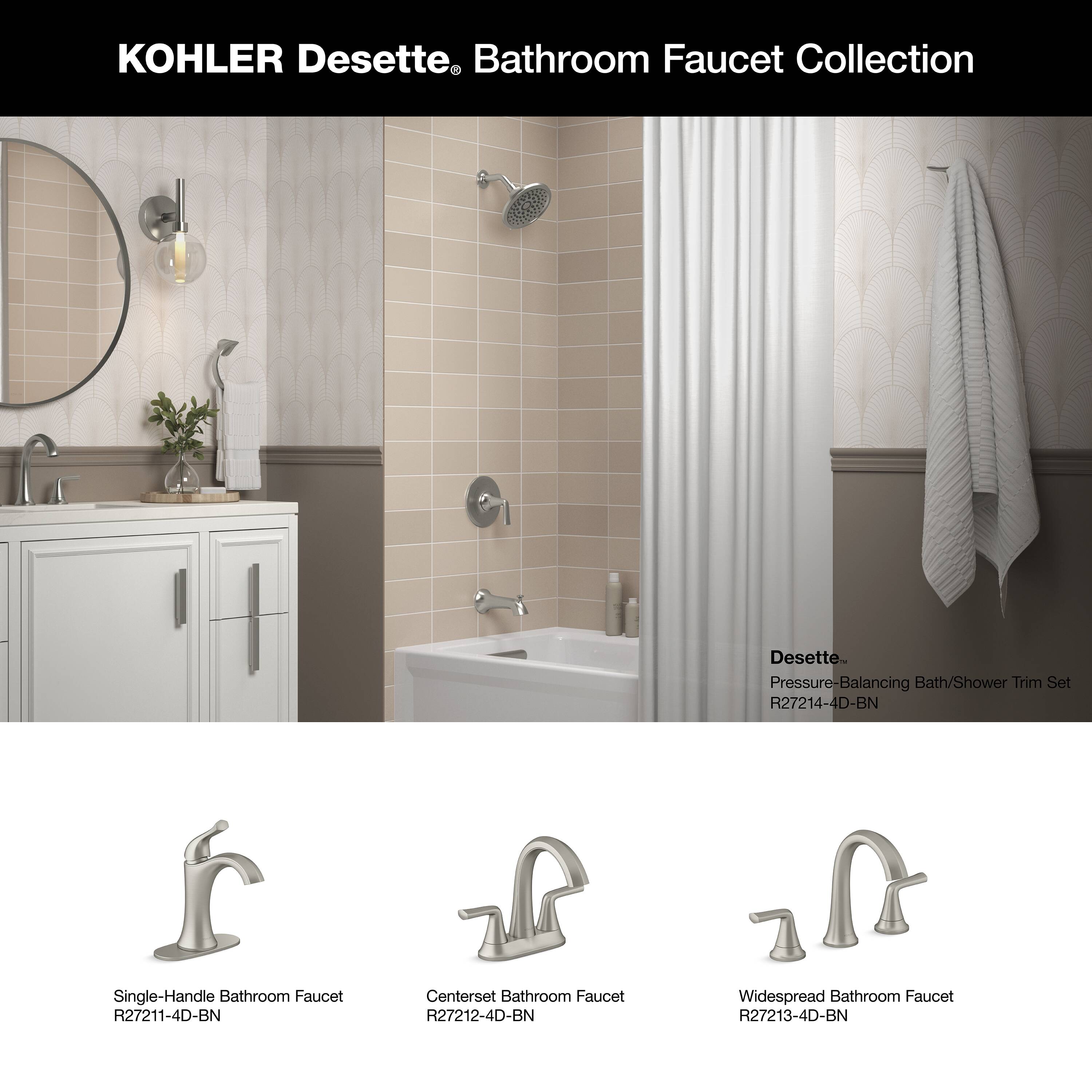 Grifo de bañera y ducha redondo de 6.47 pulgadas con un solo mango y funciones múltiples en níquel cepillado vibrante KOHLER Desette con válvula R27214-4G-BN.