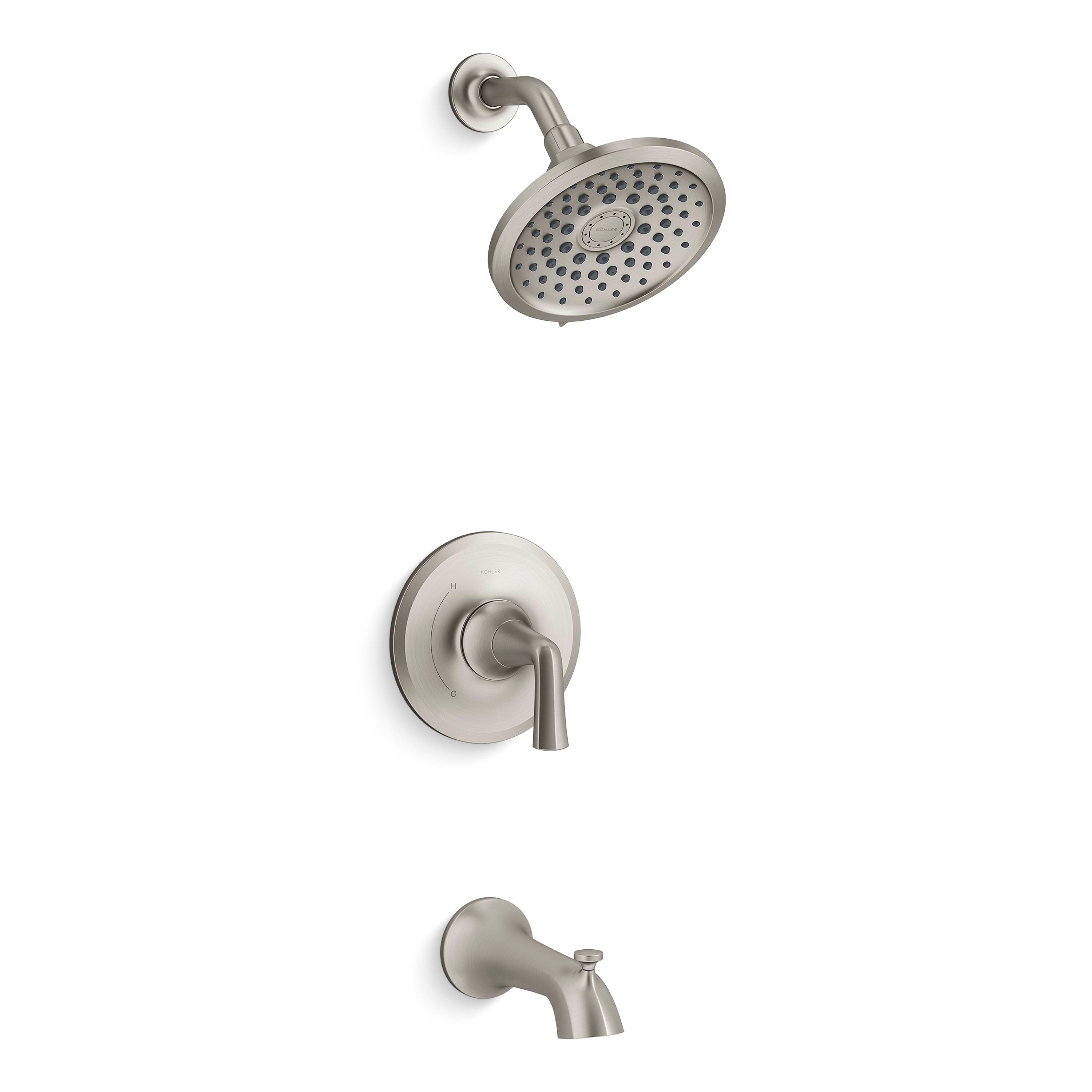 Grifo de bañera y ducha redondo de 6.47 pulgadas con un solo mango y funciones múltiples en níquel cepillado vibrante KOHLER Desette con válvula R27214-4G-BN.