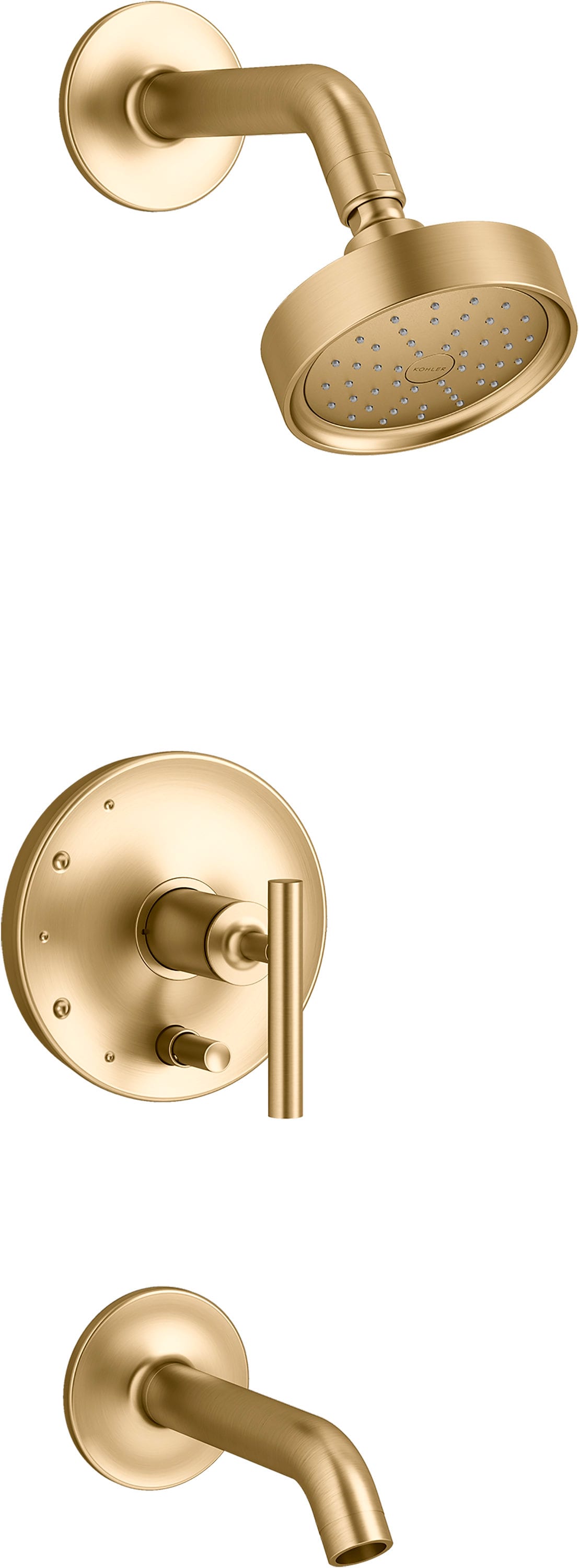 Grifo de bañera y ducha redondo de 5.5 pulgadas con acabado en latón moderno vibrante Purist de KOHLER (Válvula no incluida) K-T14420-4G-2MB.