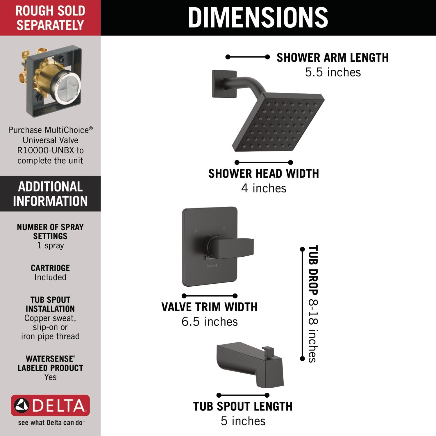 Mezcladora de bañera y regadera cuadrada de 5 pulgadas con acabado mate negro y una sola manija moderna Delta T14467-BL-PP