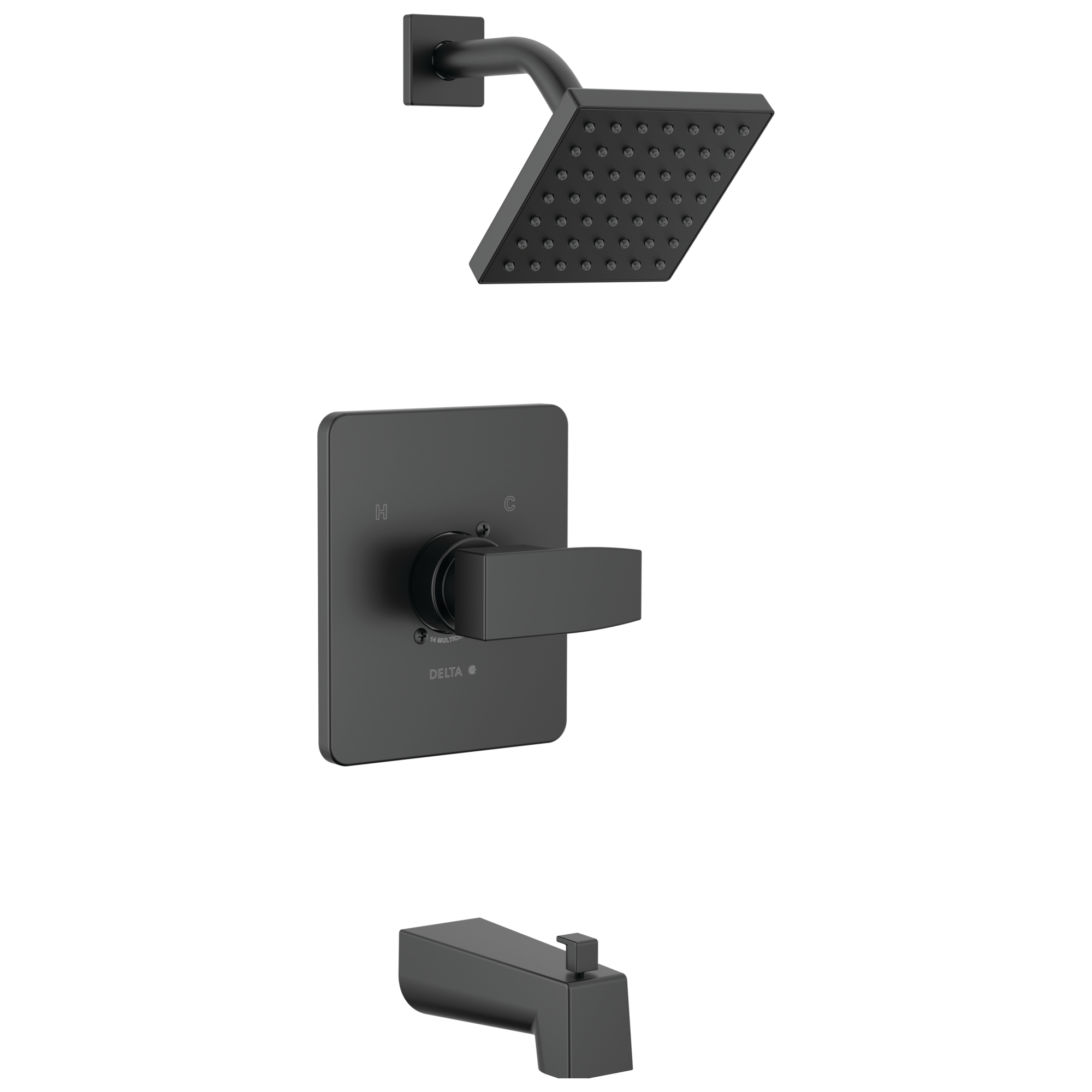 Mezcladora de bañera y regadera cuadrada de 5 pulgadas con acabado mate negro y una sola manija moderna Delta T14467-BL-PP