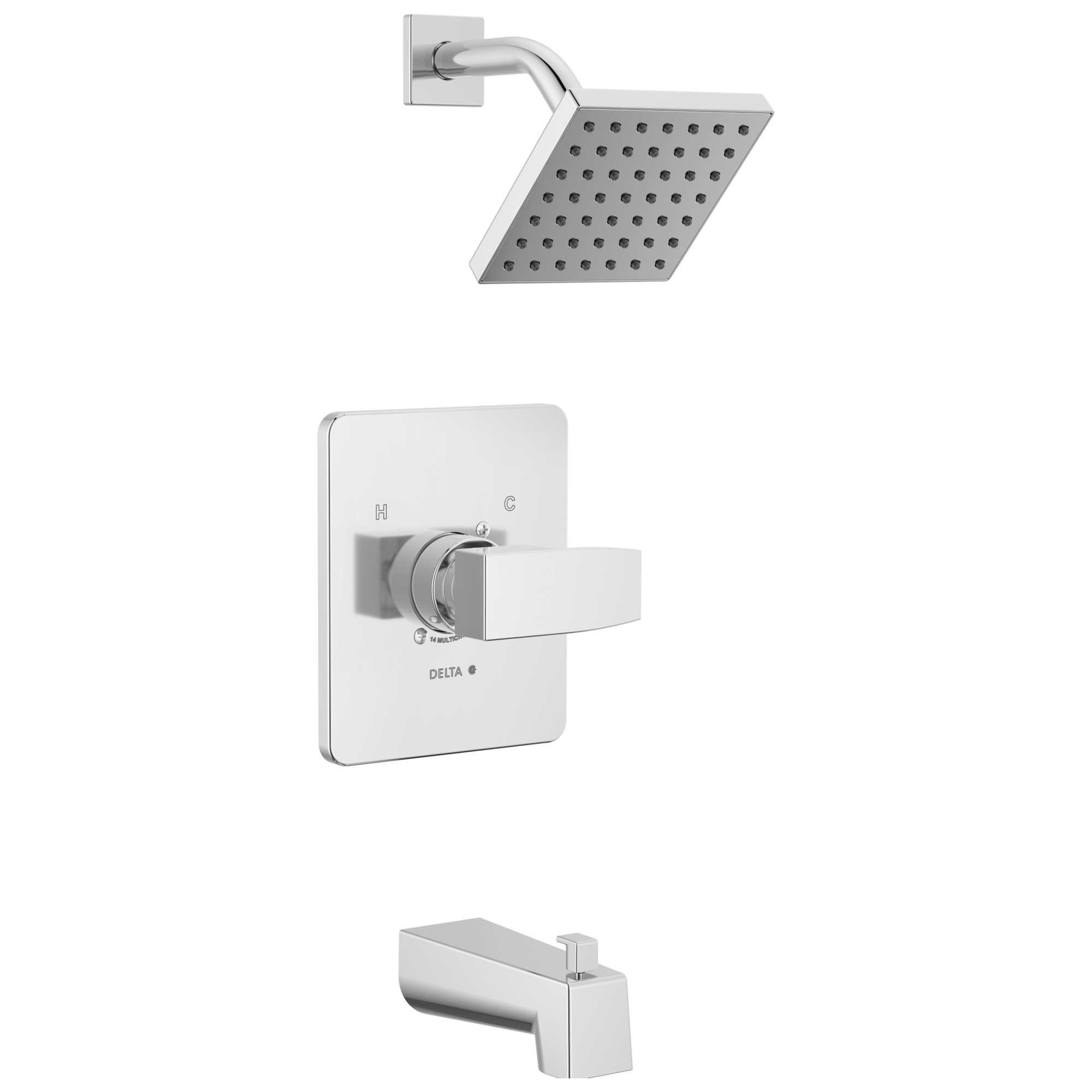 Grifo para bañera y regadera de moderno diseño cromado de Delta de 1 asa y función única de 5 pulgadas, estilo cuadrado.