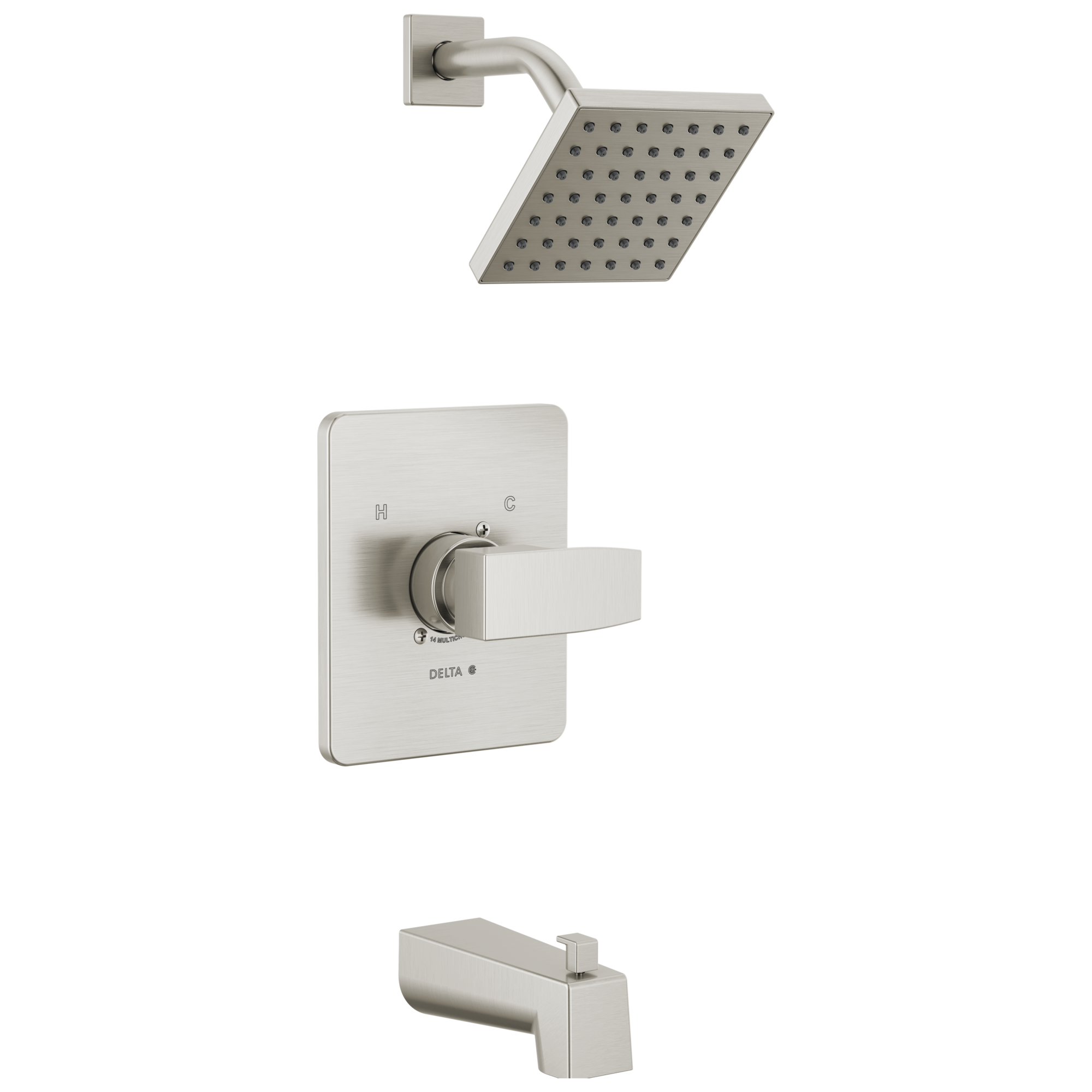 Grifo para bañera y regadera cuadrado de 5 pulgadas con moderno diseño de acero inoxidable de una sola manija y función única Delta T14467-SS-PP.