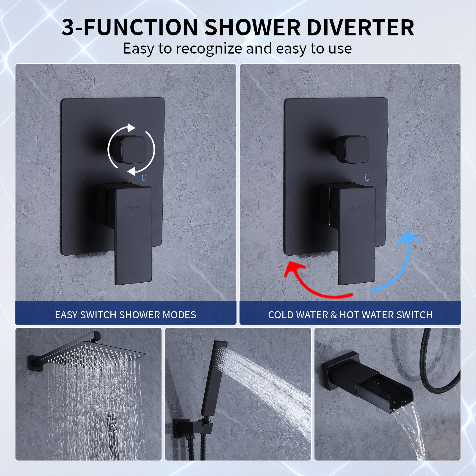 Mezcladora de regadera negra mate de 1 manija multi-función de 10 pulgadas con válvula para bañera y regadera cuadrada A-98004-B.
