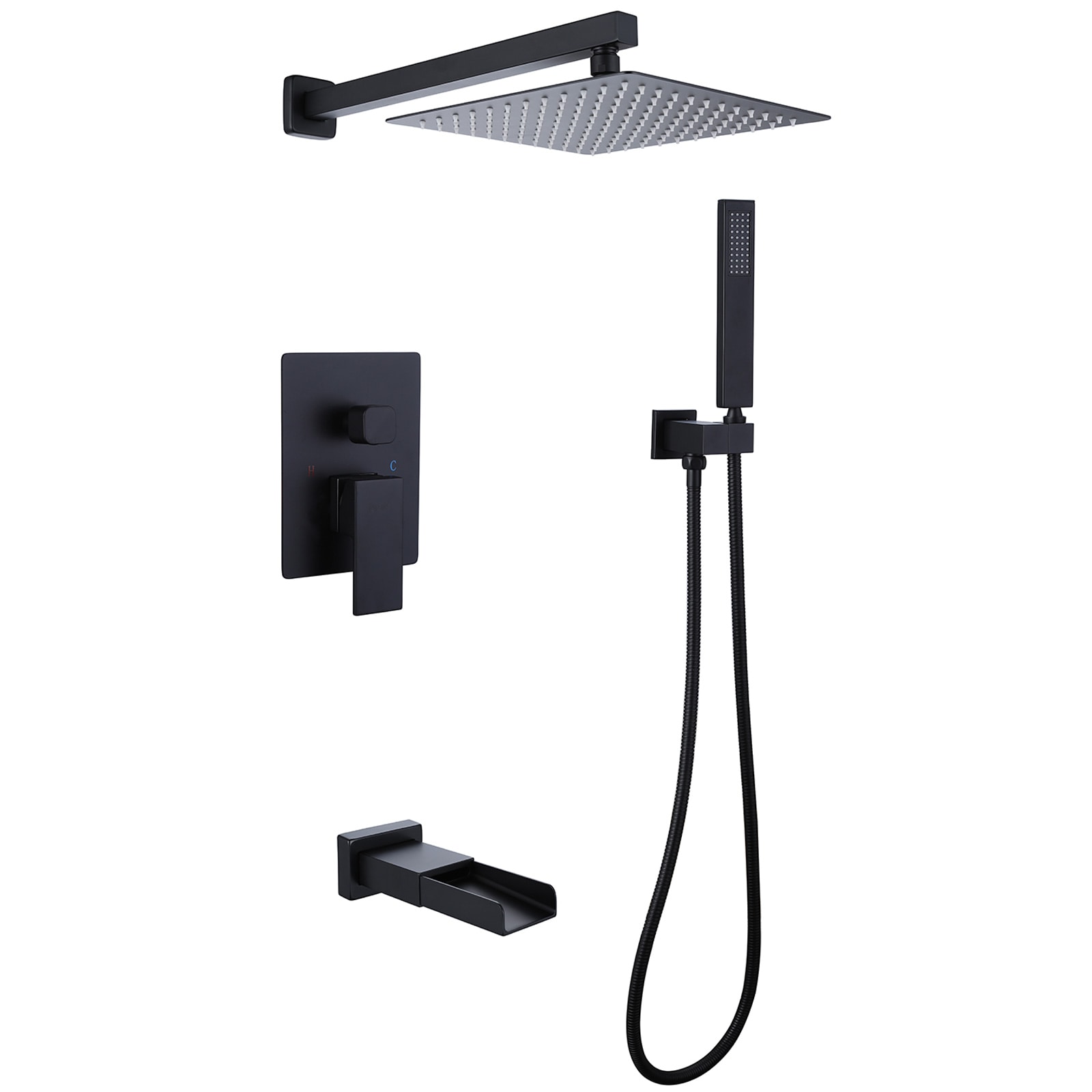 Mezcladora de regadera negra mate de 1 manija multi-función de 10 pulgadas con válvula para bañera y regadera cuadrada A-98004-B.