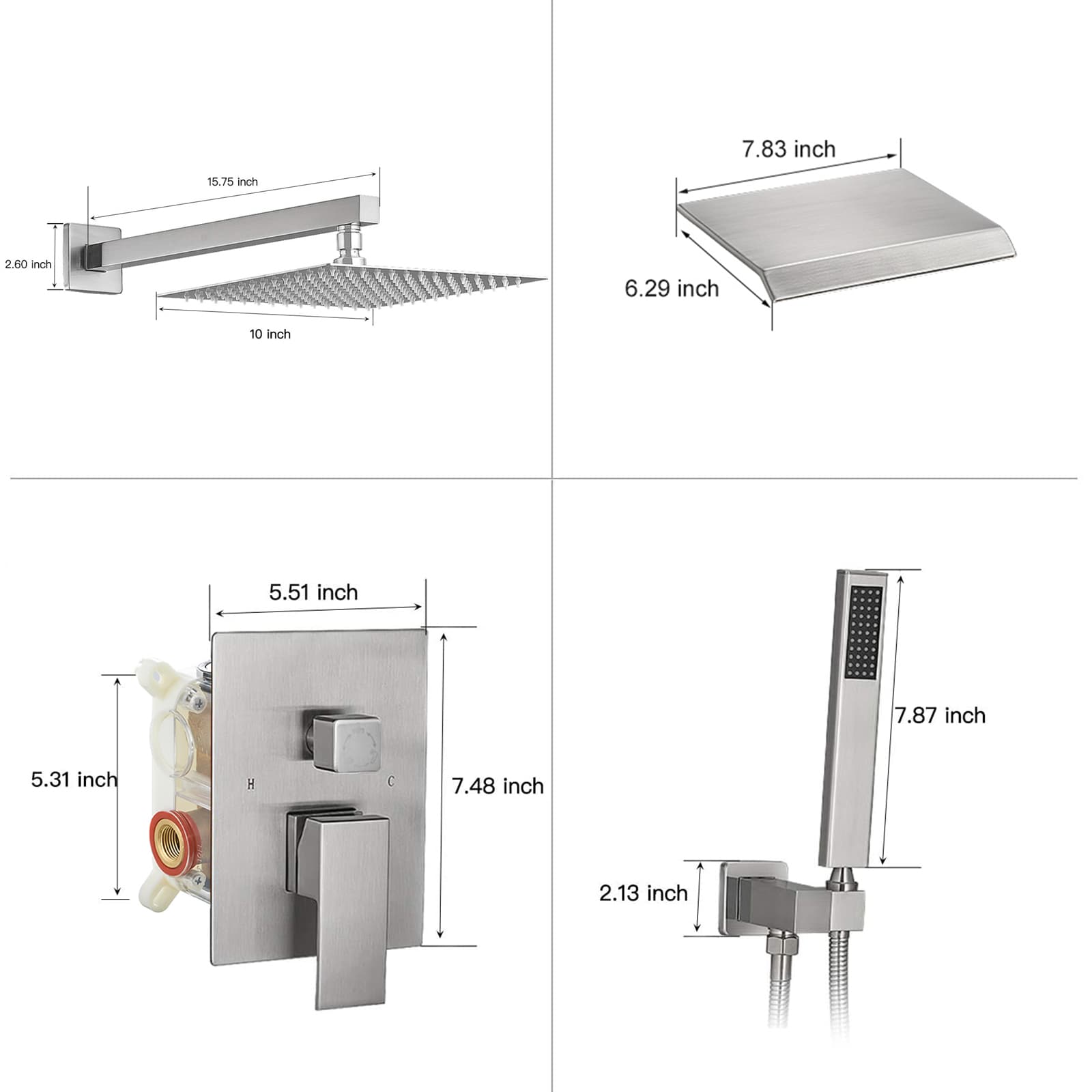 Regadera de Baño Niquelado Cepillado de 1 Manija Multi-función de 10 pulgadas con Válvula para Bañera y Ducha - Modelo A-95010-N-S