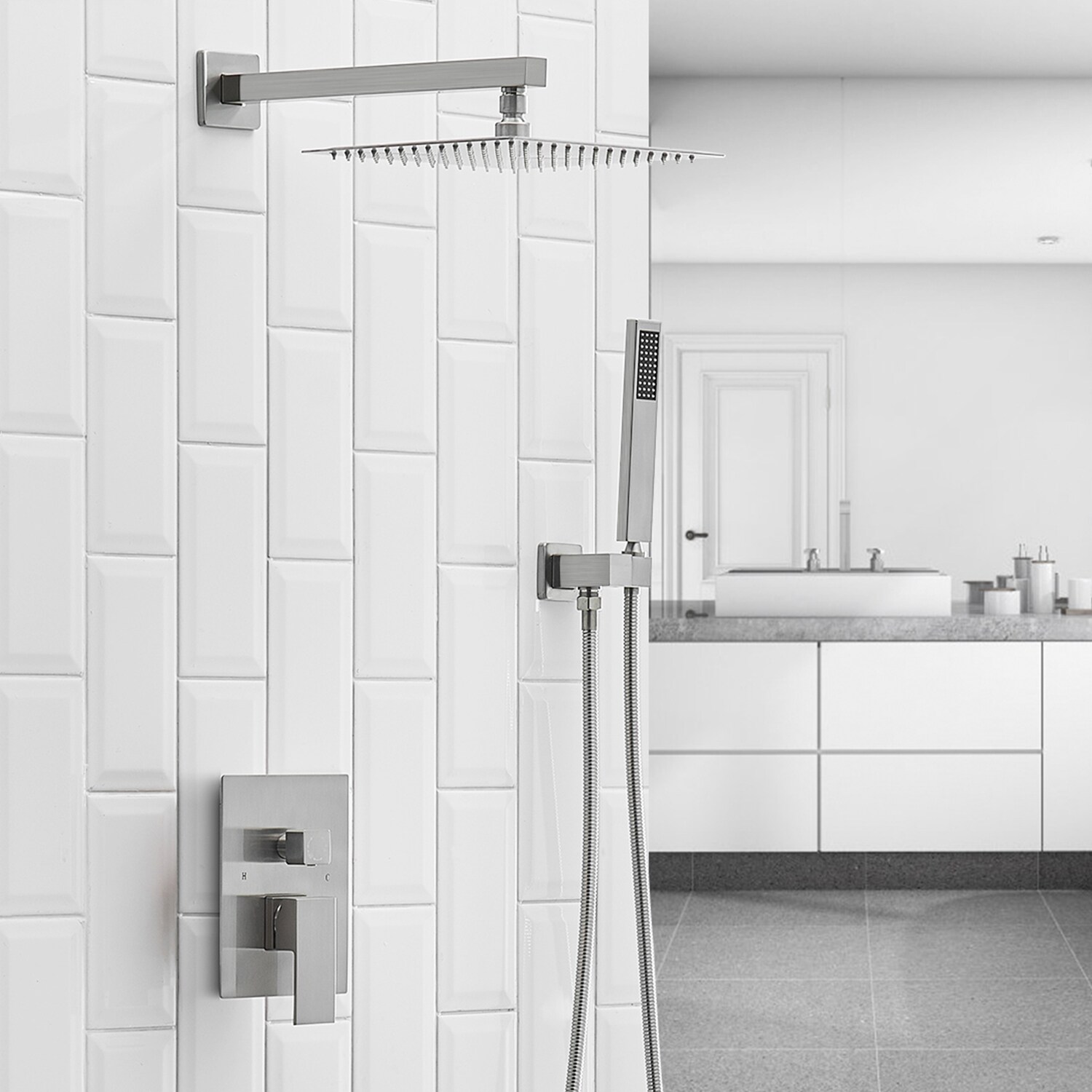 Regadera de Baño Niquelado Cepillado de 1 Manija Multi-función de 10 pulgadas con Válvula para Bañera y Ducha - Modelo A-95010-N-S