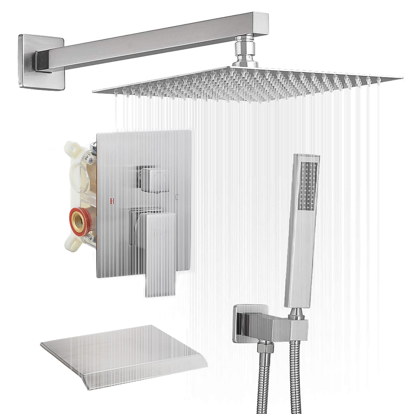 Regadera de Baño Niquelado Cepillado de 1 Manija Multi-función de 10 pulgadas con Válvula para Bañera y Ducha - Modelo A-95010-N-S