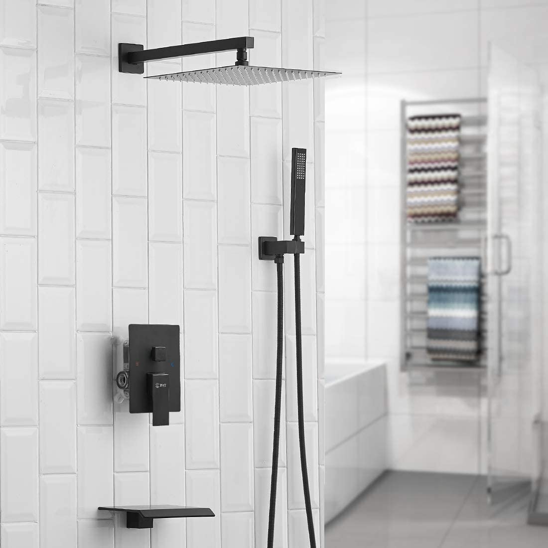 Mezcladora para Regadera en Negro Mate de 1 Manija Multi-funcional de 10 pulgadas para Bañera y Regadera con Válvula A-95010 NEGRO-S