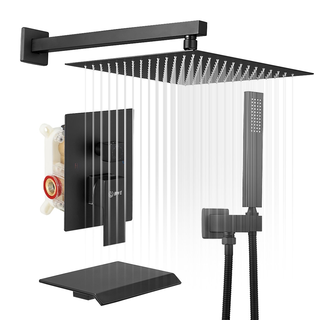 Mezcladora para Regadera en Negro Mate de 1 Manija Multi-funcional de 10 pulgadas para Bañera y Regadera con Válvula A-95010 NEGRO-S