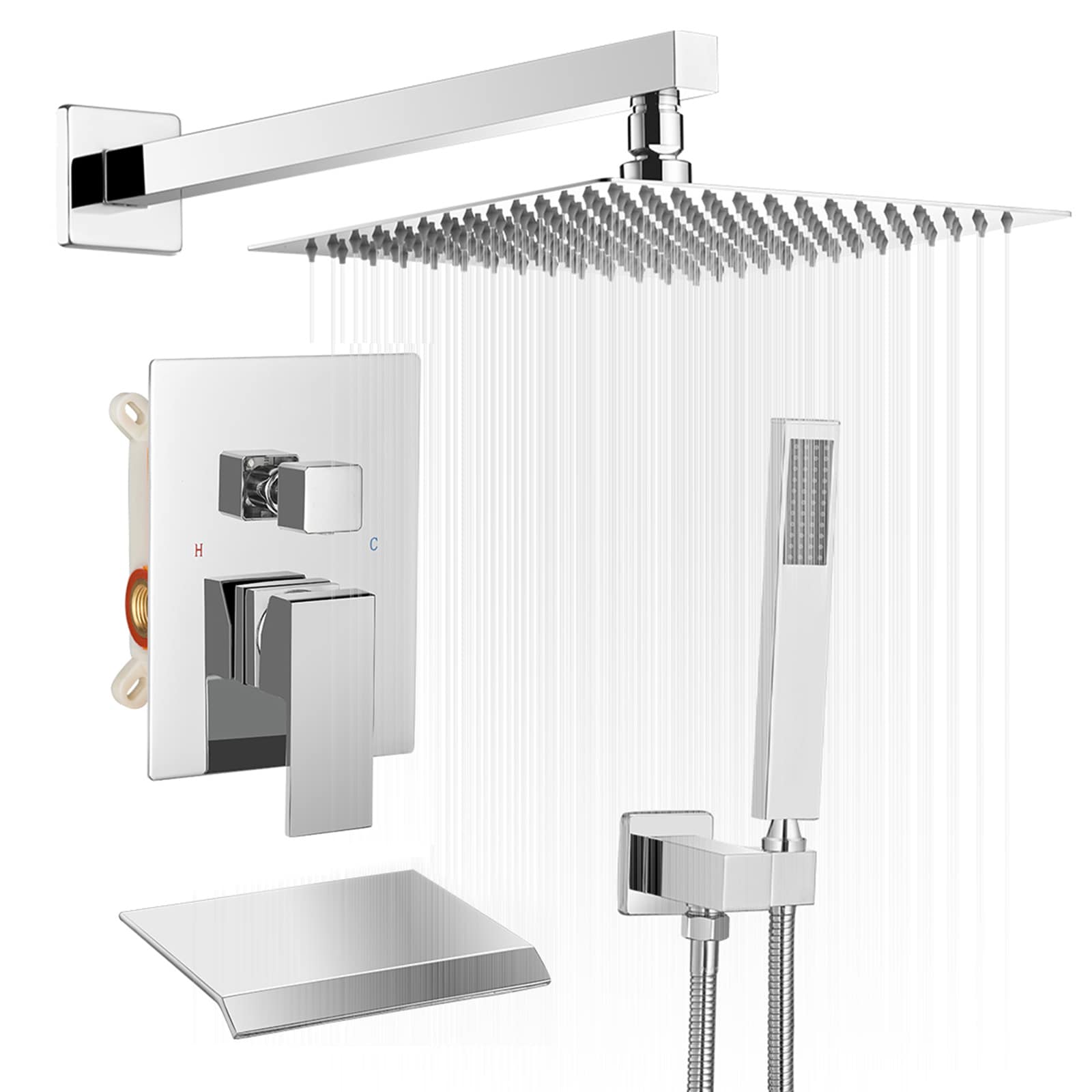 Regadera de Baño Cromada Brillante de 1 Manija Multi-función de 10 Pulgadas para Tina y Ducha con Válvula A-95010-C-S