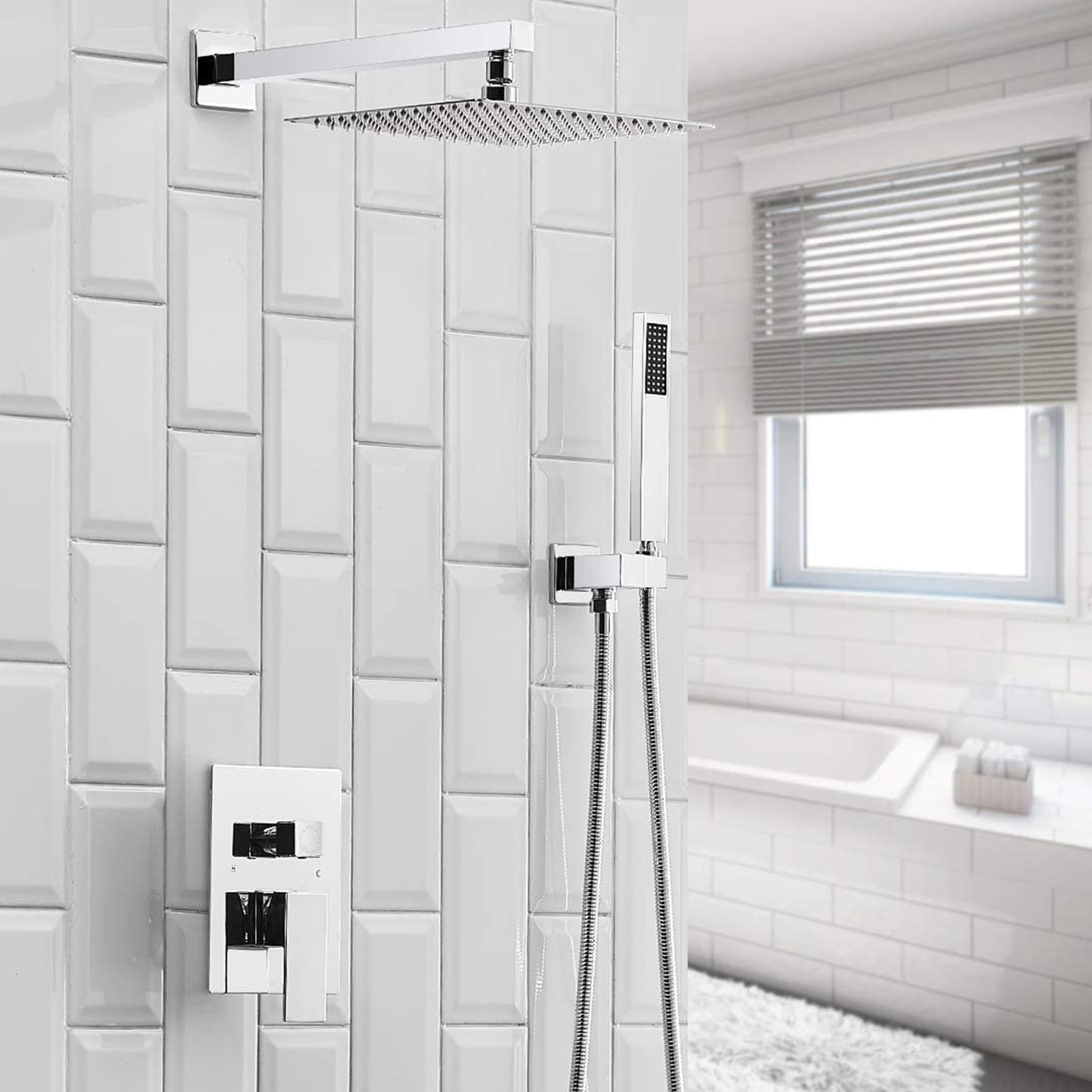 Regadera de Baño Cromada Brillante de 1 Manija Multi-función de 10 Pulgadas para Tina y Ducha con Válvula A-95010-C-S