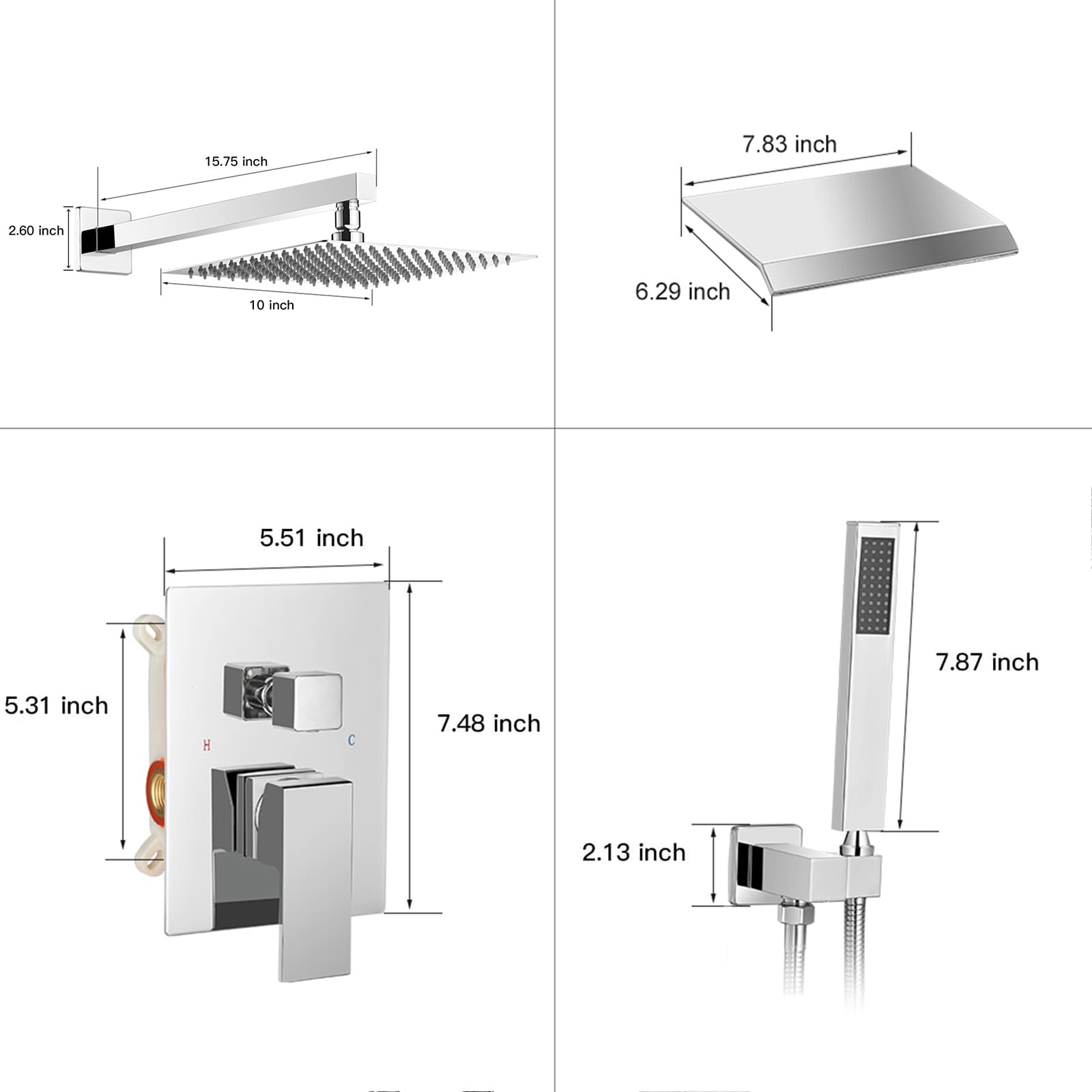 Regadera de Baño Cromada Brillante de 1 Manija Multi-función de 10 Pulgadas para Tina y Ducha con Válvula A-95010-C-S